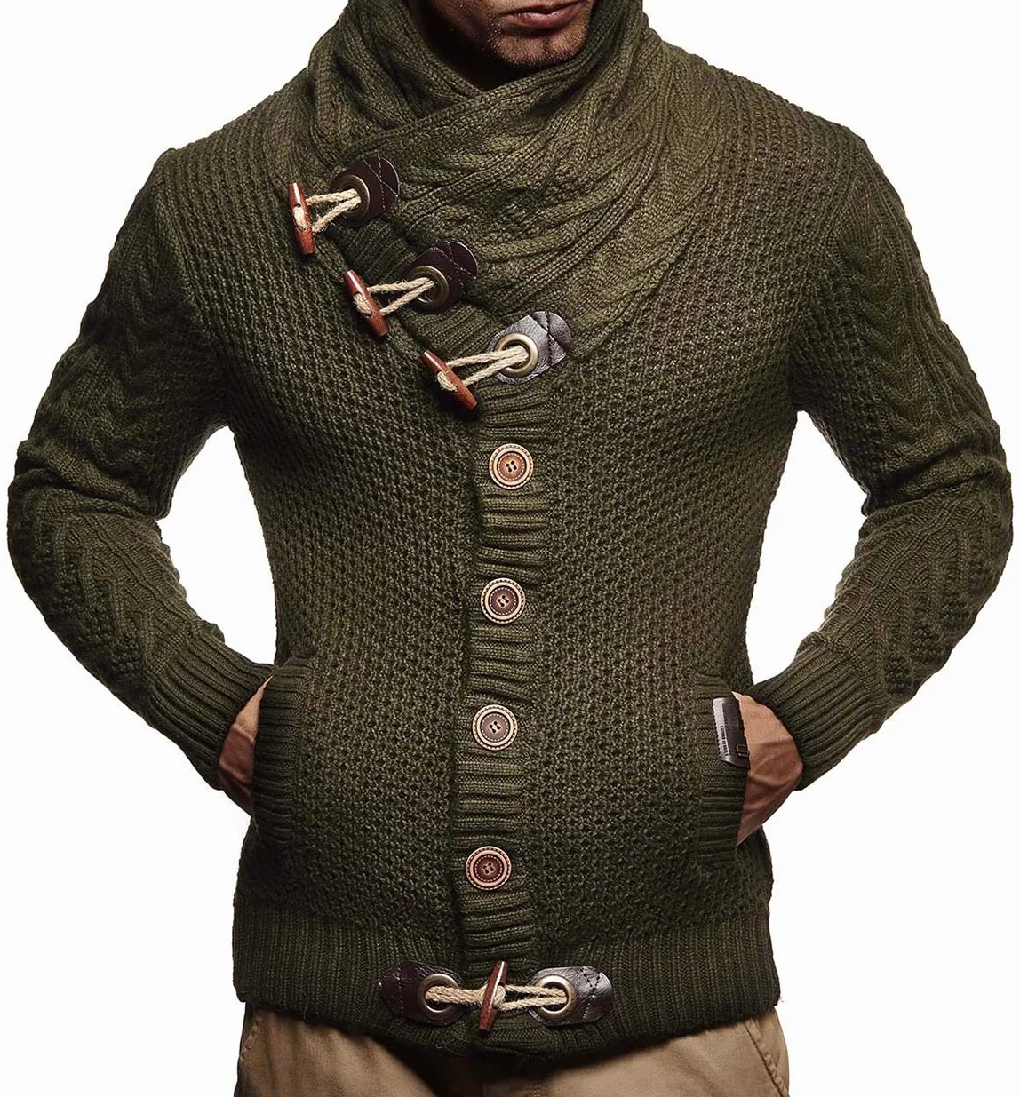 Leif Nelson LN5005N męska kurtka z dzianiny z kołnierzem szalowym, krój slim fit, zimowa kurtka rekreacyjna, na lato, nowoczesny męski sweter z kapturem