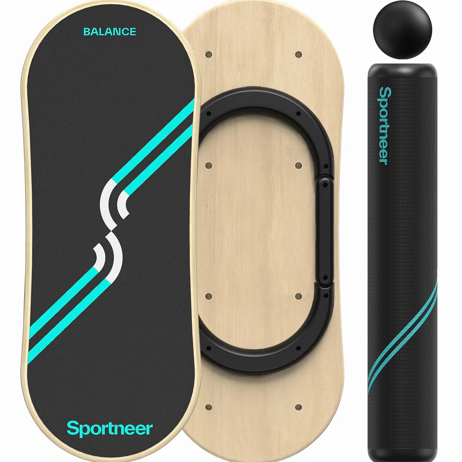 Sportneer Deska balansowa, 7 trybów deska do balansowania indoor skateboard surf balance board z regulowanymi stoperami - wałek i piłka 7,1 cm w zestawie, niebieski i czarny