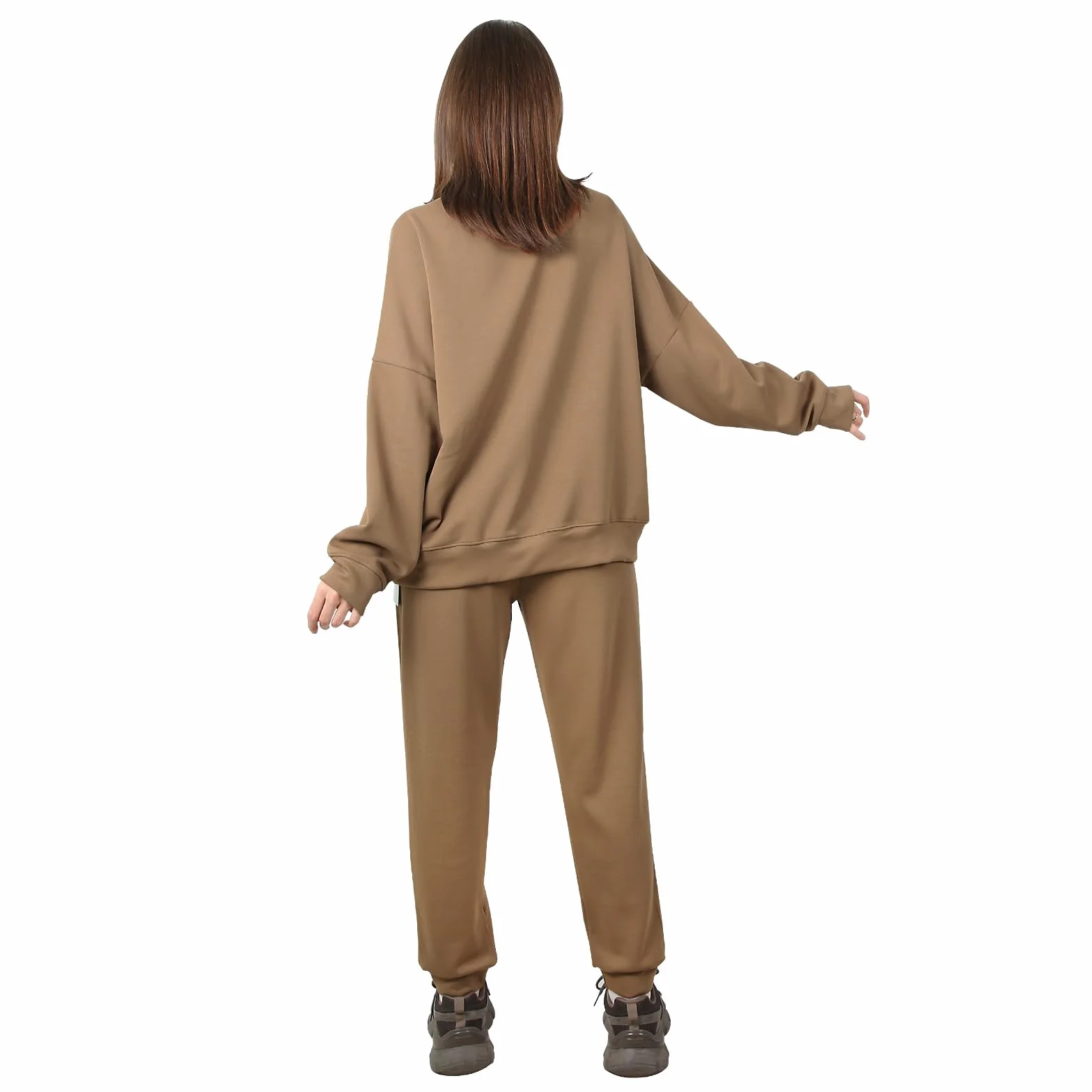 Damski dres treningowy z okrągłym dekoltem, dres do biegania z długimi rękawami, jednokolorowy, miękki, dwuczęściowy zestaw odzieży sportowej