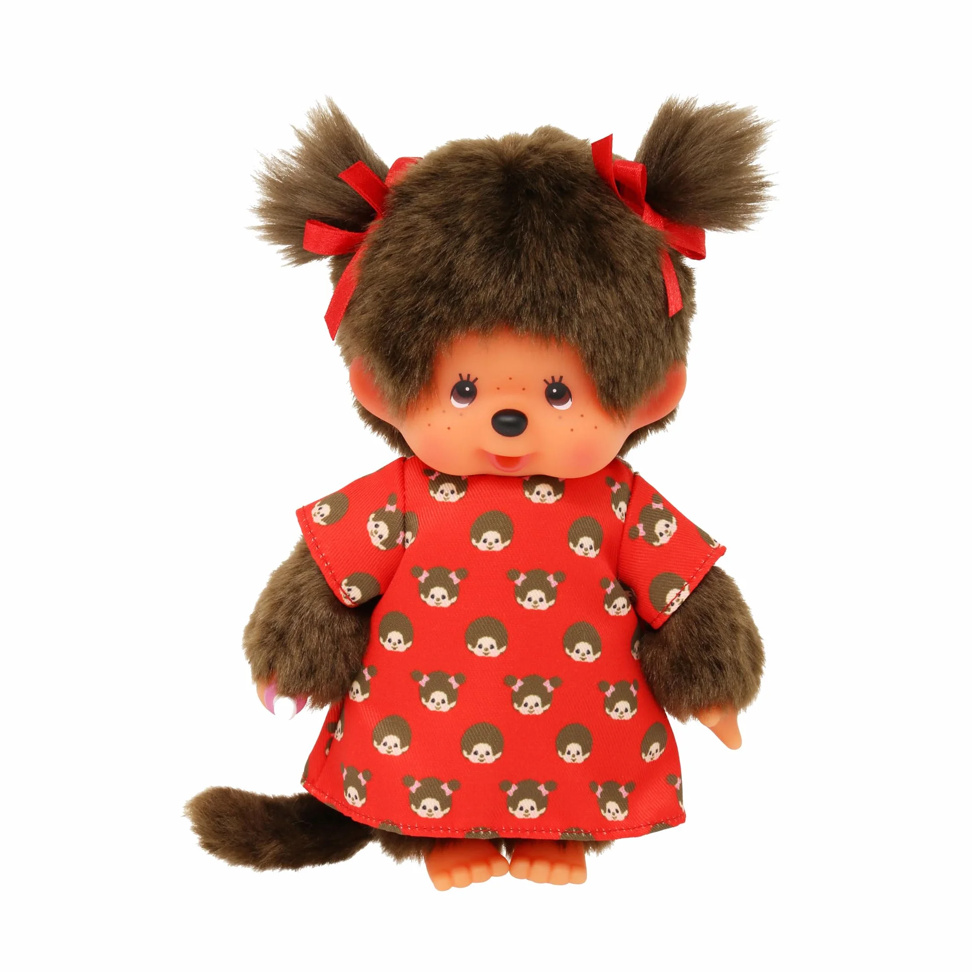 Sekiguchi 221295 - Oryginalna dziewczynka Monchhichi, pluszowa figurka z sukienką monchichi i kokardkami, ok. 20 cm wysokości, wykonana z brązowego pluszu.