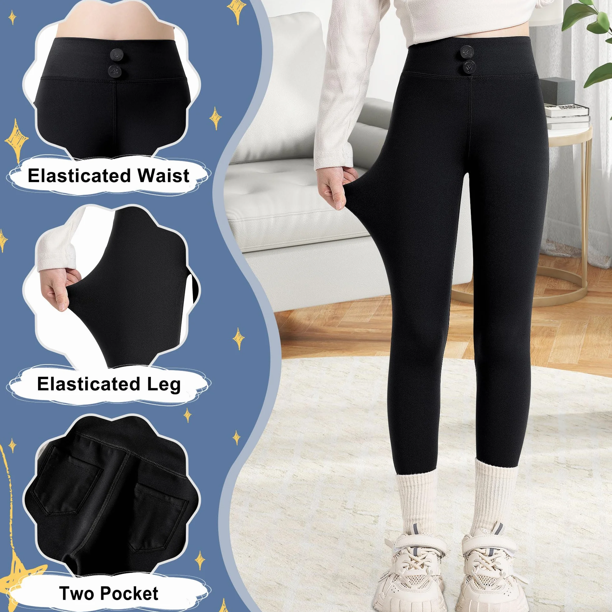 Legginsy termiczne dla dziewcząt i dzieci, z podszewką, legginsy termiczne z kieszeniami, wysoki stan, polar, ciepłe spodnie, elastyczne, długie spodnie termiczne, na zimę, bielizna termiczna