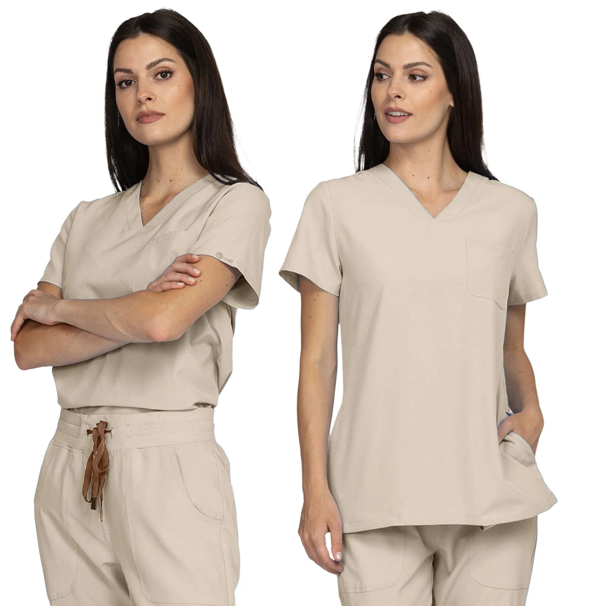 B-well Naomi Damen-Schrubb-Set Schlupfkasack + Schlupfhose Set Medizin Arzt Uniform Schlupfjacke Oberteil mit Hose Medizinische Berufsbekleidung mit Elastan (Sand, XL)