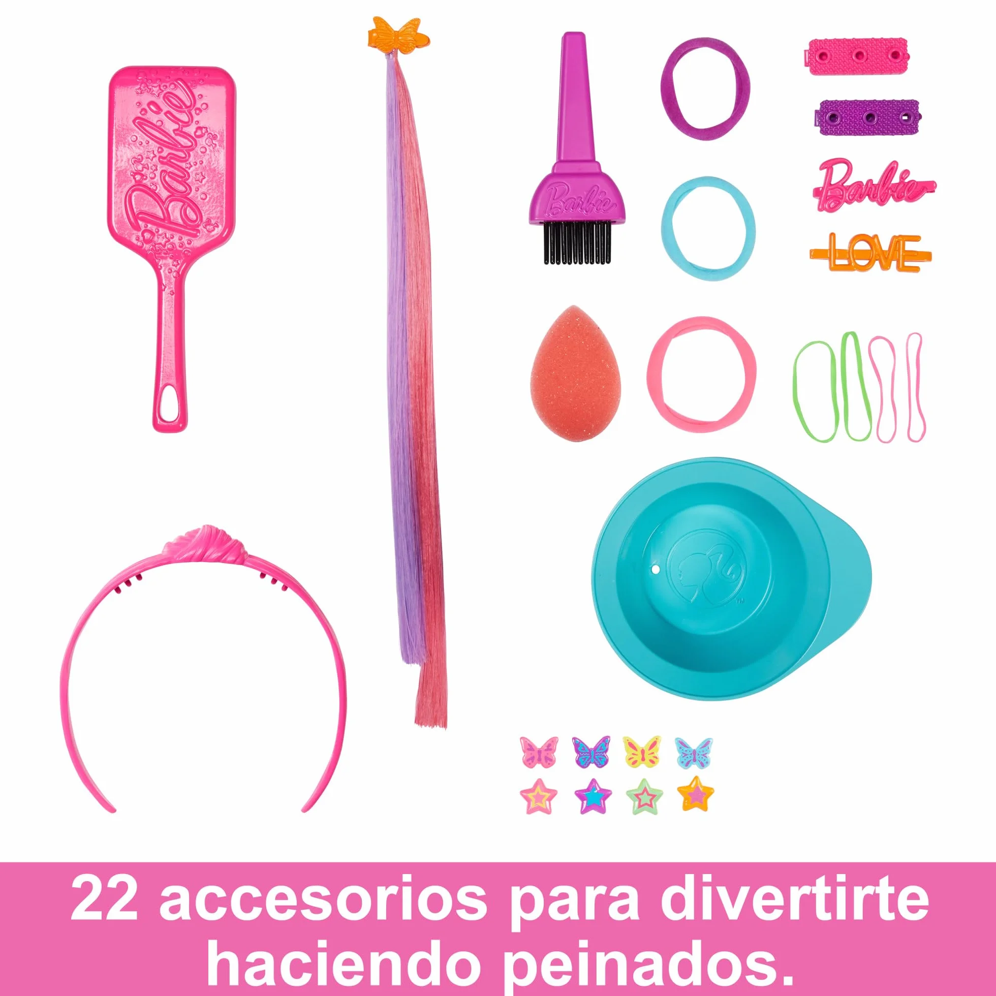 Barbie Totally Hair Głowa do stylizacji deluxe z prostymi blond i neonowo-tęczowymi włosami + akcesoria Color Reveal, HMD78