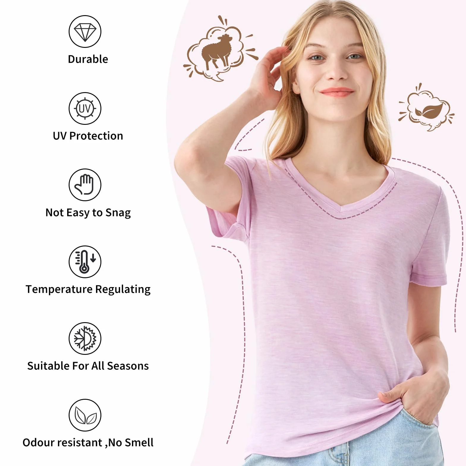 Merino Protect 100% Wełna Merino Damska Koszulka Z Dekoltem V Krótki Rękaw Antyodorowa Do Trekkingu