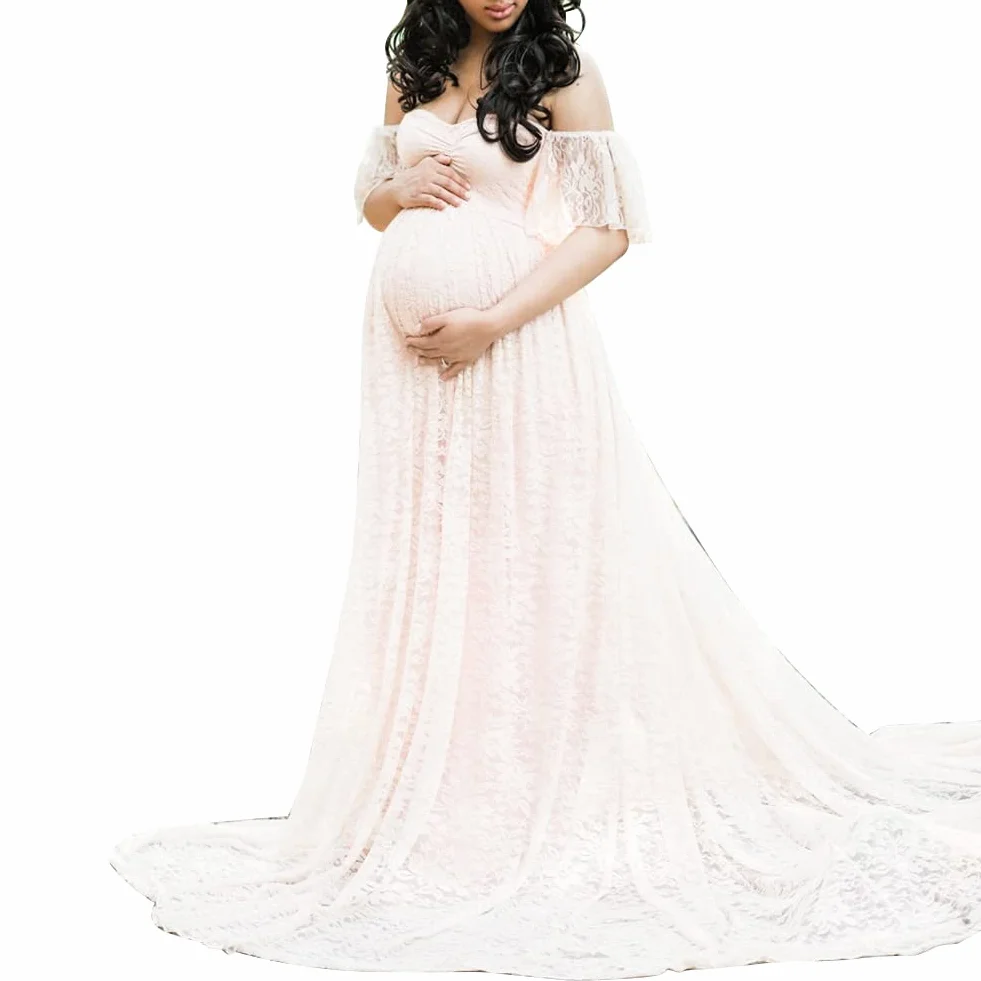 Sukienka ciążowa sesja zdjęciowa kobiety z odkrytymi ramionami dopasowana ciążowa koronka ślubna długa suknia baby shower sukienka linia długość do podłogi sukienki dla druhny ciążowe