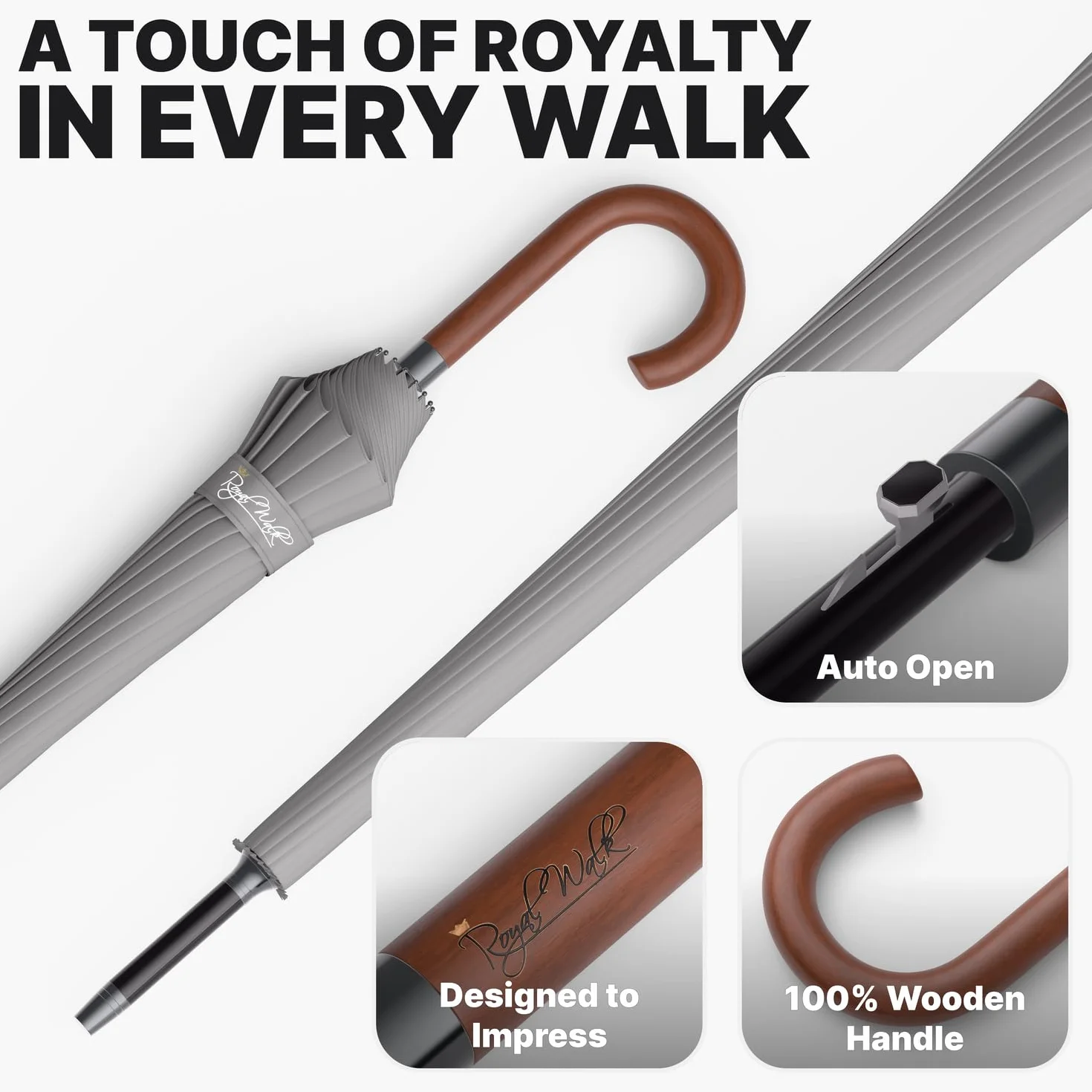 Royal Walk wiatroszczelny, duży parasol golfowy dla 2 osób dorosłych, automatyczne otwieranie, odporny na wiatr, klasyczny drewniany uchwyt, szybkoschnący, 16 mocnych żeberek, 137 cm, szary