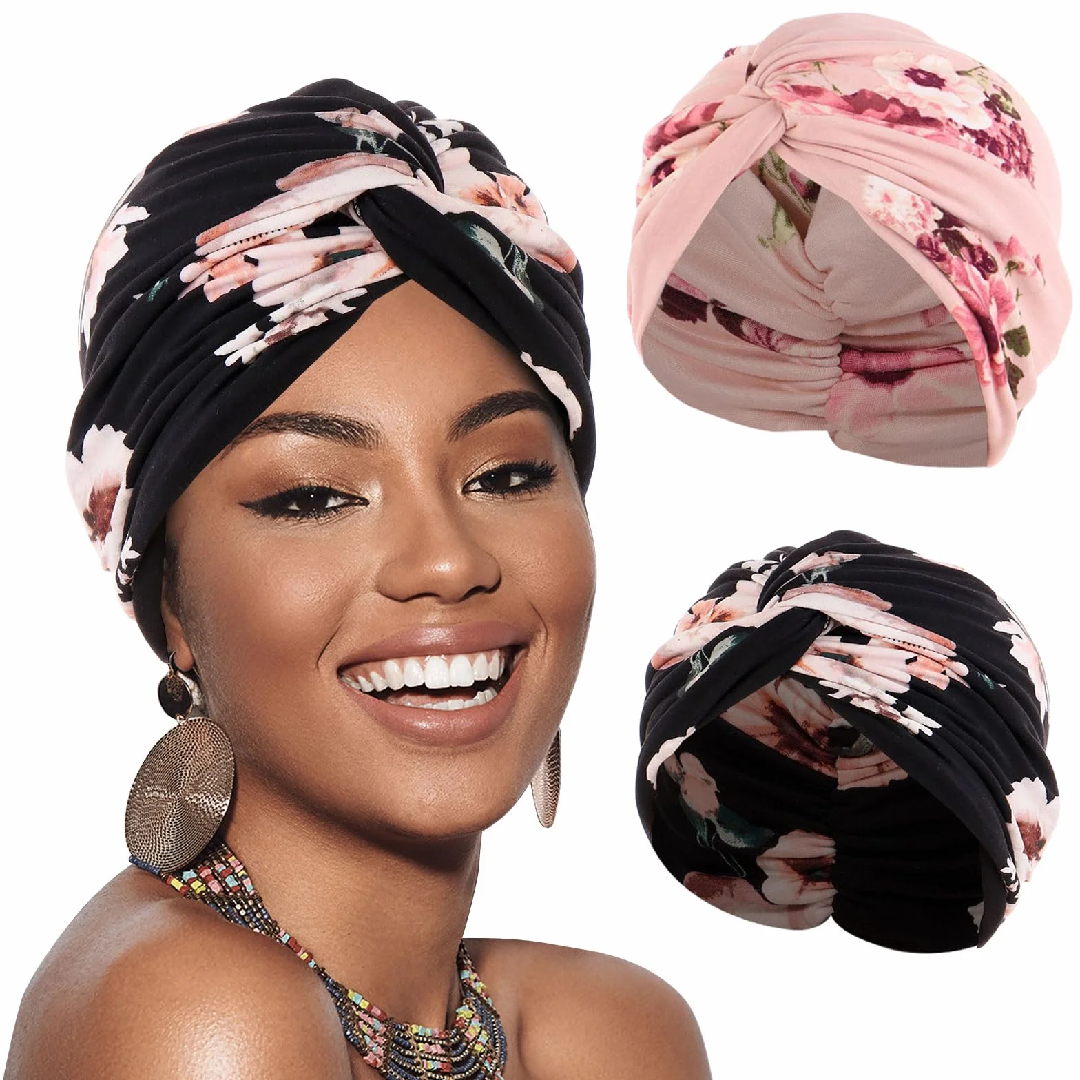XEPST Turbany z nadrukiem dla kobiet, 2 sztuki, miękkie, wstępnie zawiązane węzły, turban, nakrycie głowy po chemioterapii, plisowana czapka beanie