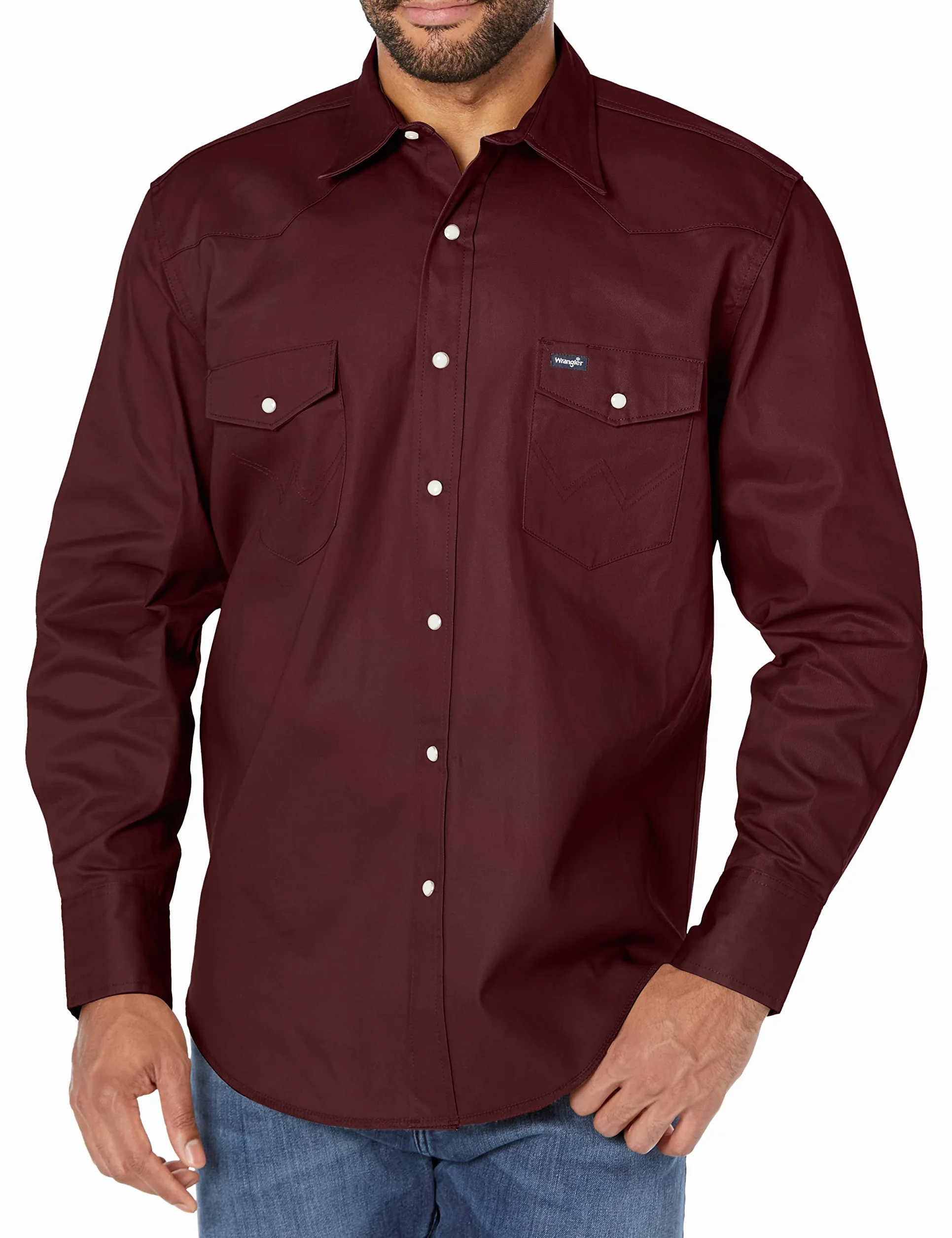 Wrangler Koszulka kowbojska z długim rękawem z dwiema kieszeniami z zapięciem na klips, solidna powierzchnia Mężczyźni Cowboy Cut Western Long Sleeve Snap Work Shirt Firm Finish