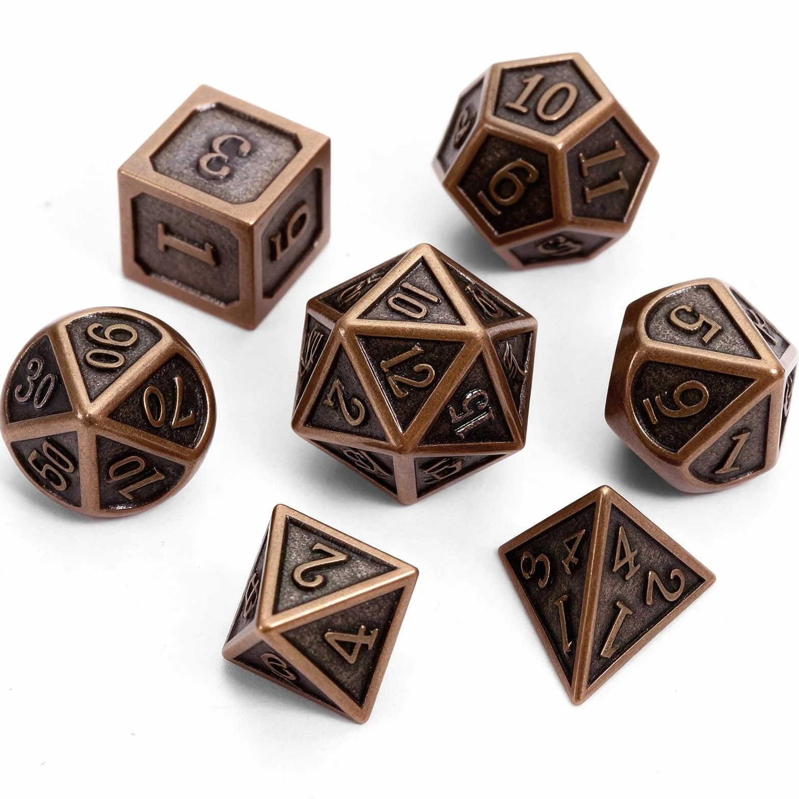 GWHOLE 7 sztuk wielościennych kostek metalowych, DND, zestaw kostek, kostka do gry, akcesoria do lochów i smoków, do RPG, MTG, odgrywania ról, antyczna miedź