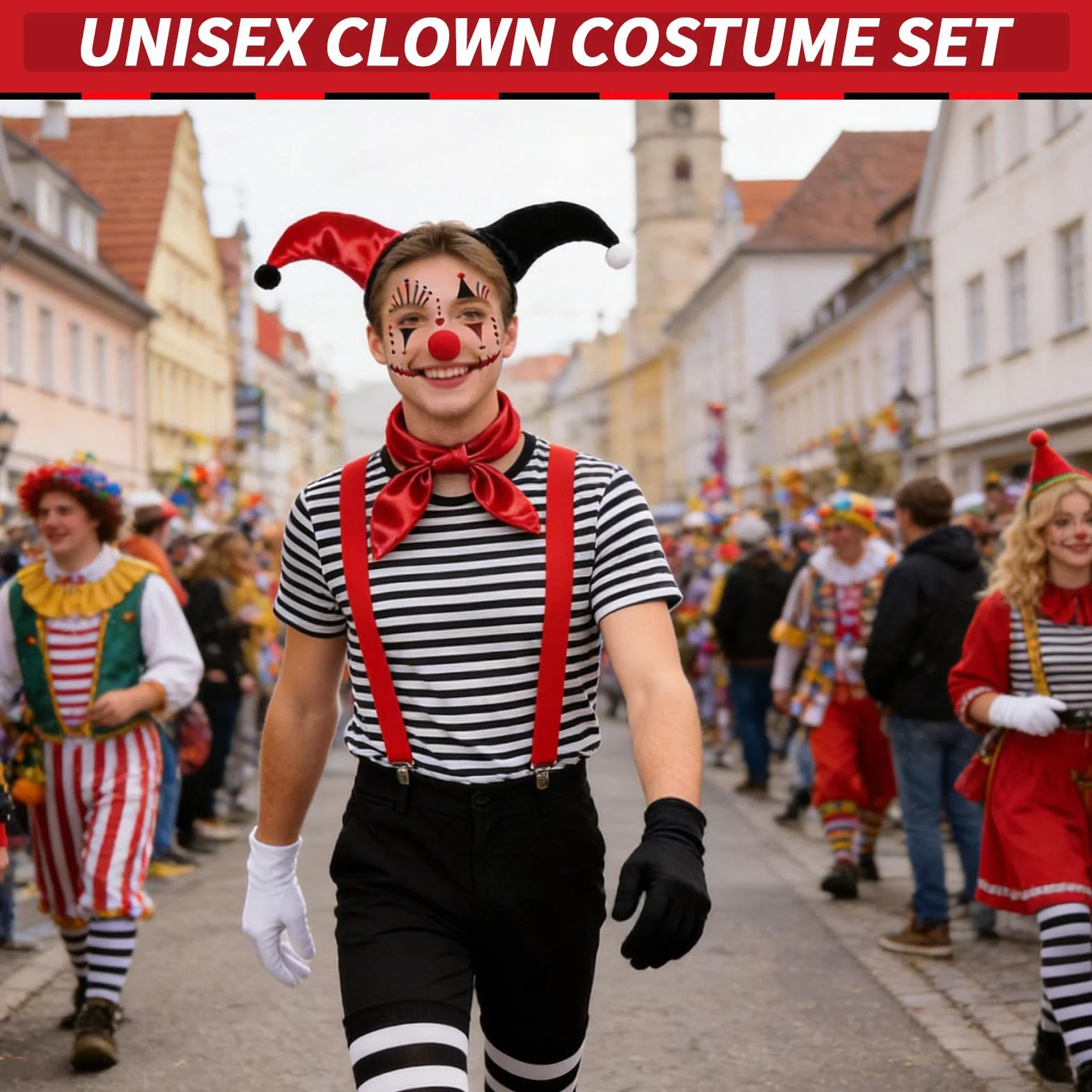 Damski Kostium Klauna Karnawałowy 7 Części Unisex Strój Cyrkowy Na Karnawał I Występy Mime