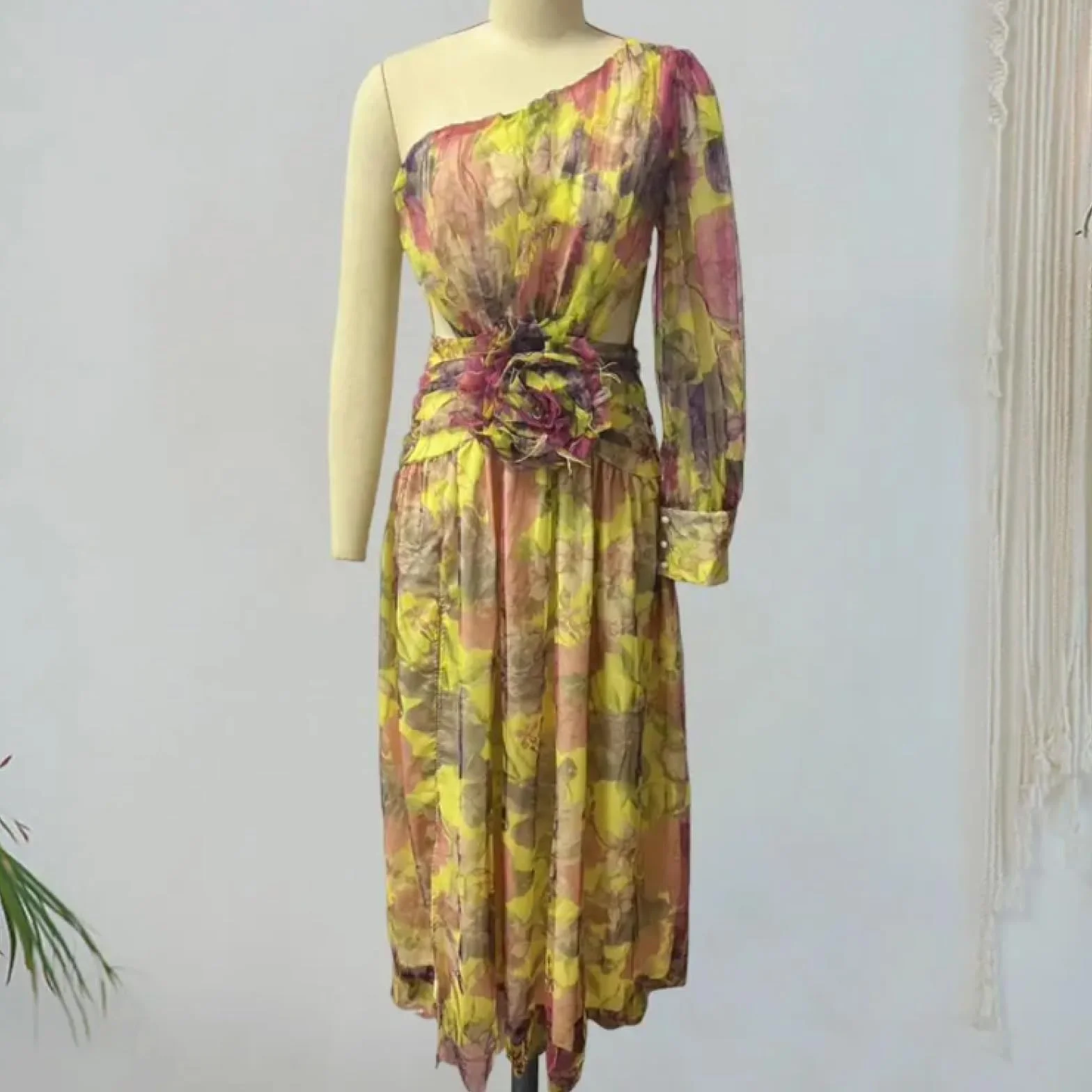 Sukienki dla kobiet elegancka damska suknia wieczorowa na jedno ramię warstwowa tie-dye nadruk kwiatowy róża siatka podzielony brzeg suknia balowa sukienka