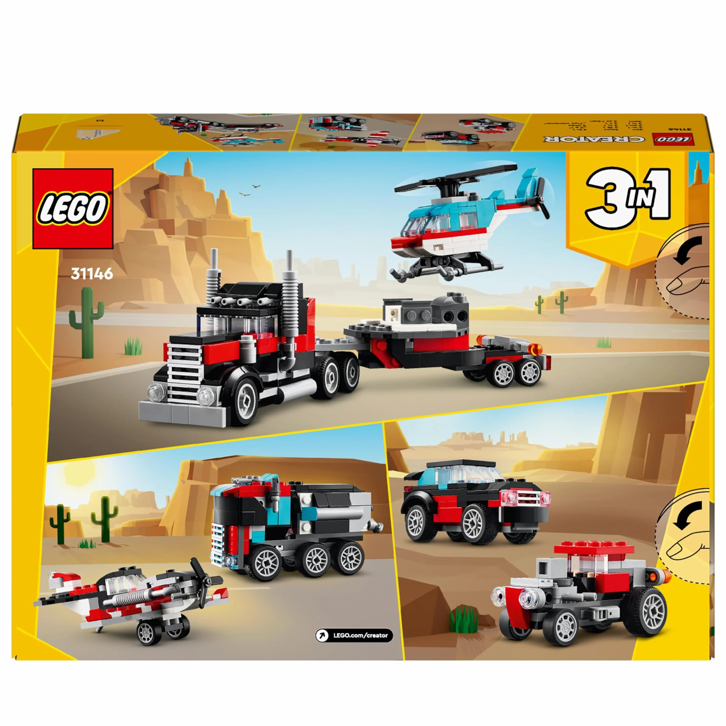LEGO Creator 3w1 Ciężarówka z platformą i helikopterem do przebudowania na śmigłowiec i cysternę oraz w hot roda i SUV-a, zabawka i prezent dla dzieci, dla 7-latka, chłopca i dziewczynki, 31146