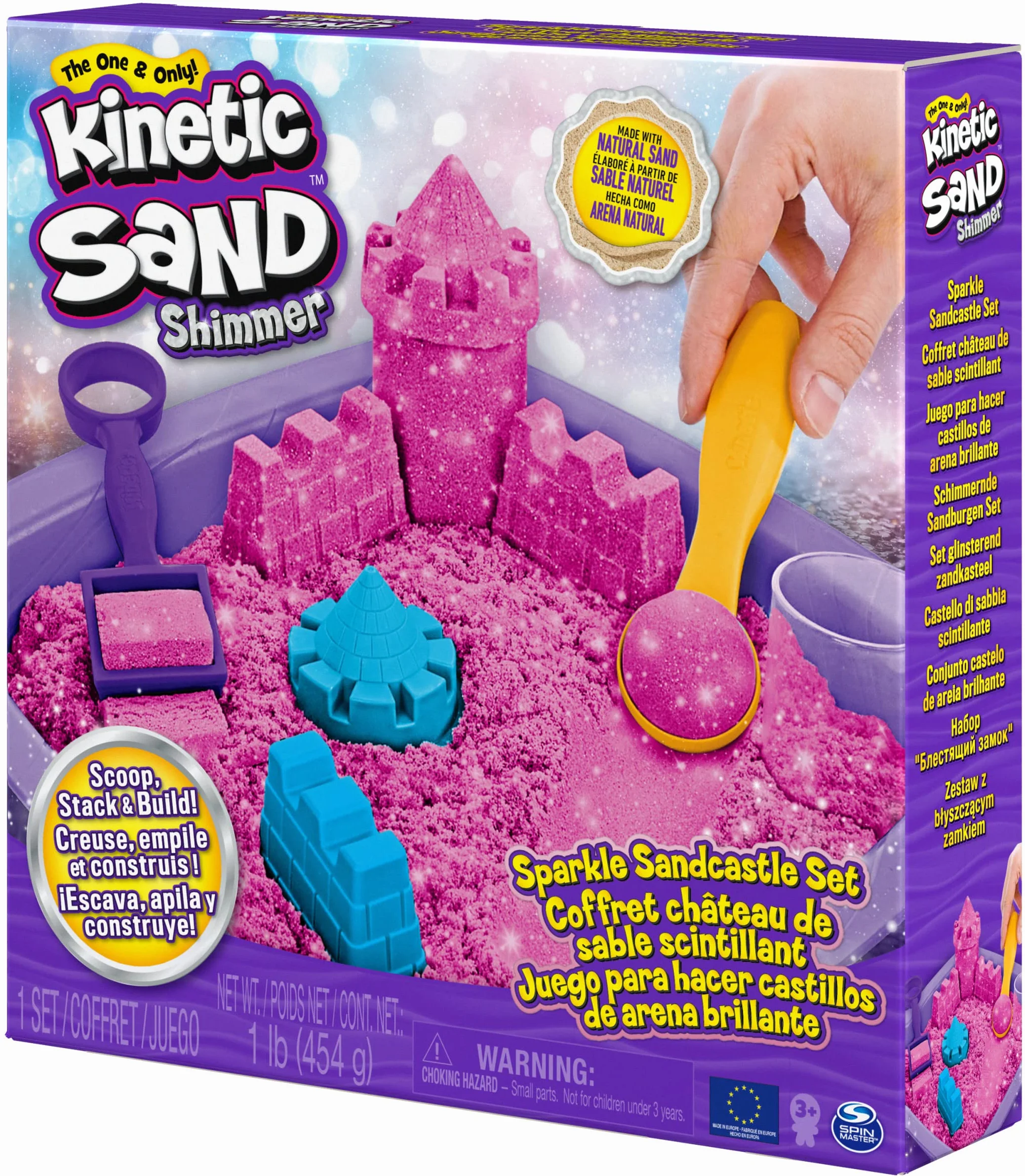 Kinetic Sand Kinetic Shimmer Sand Castle 454 g kolorowy błyszczący różowy z 3 akcesoriami i tacą w zestawie zabawki dla dzieci i dziewcząt w wieku 3 lat