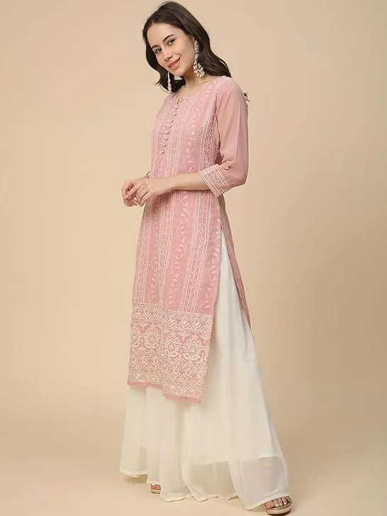 Damska Georgette Anarkali Lucknowi Chikankari Etniczna odzież Kurta Straight Kurti Kurta Tunika Sukienka