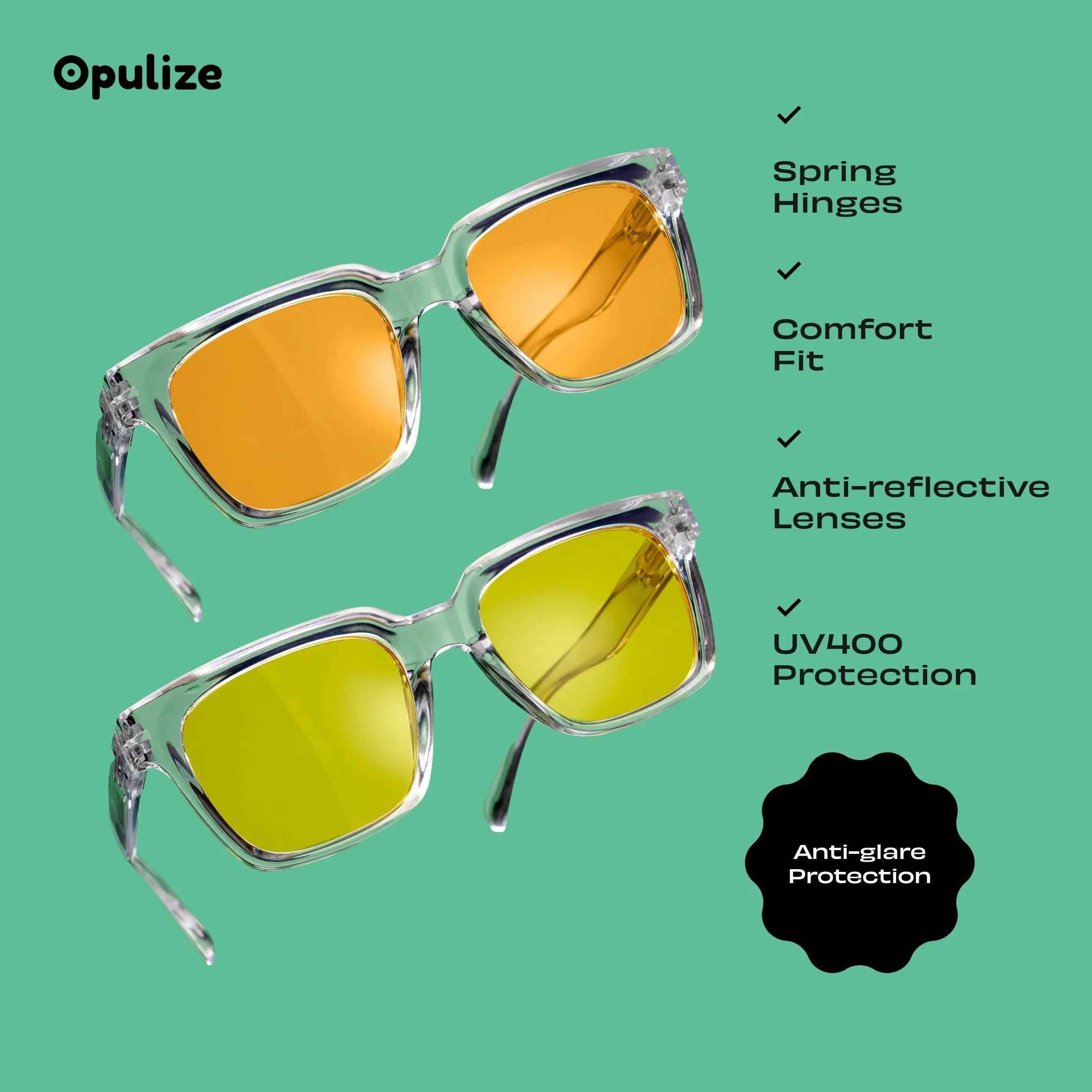 OPULIZE ERA okulary przeciwsłoneczne, pomarańczowe/zielone soczewki, 2 sztuki, antyrefleksyjne, antyodblaskowe, polaryzacyjne soczewki z ochroną UV400, ponadwymiarowa prostokątna ramka, zawiasy