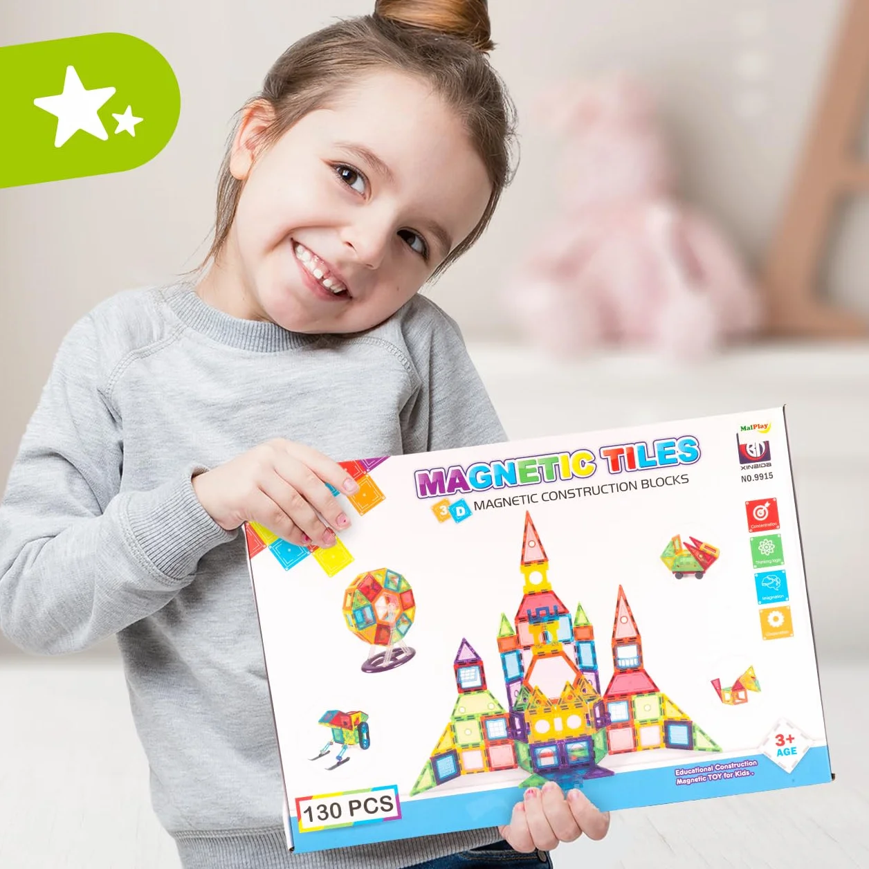 MalPlay Magnetyczne klocki, puzzle, zabawki konstrukcyjne dla dzieci, 130 sztuk, prezent od 3 lat