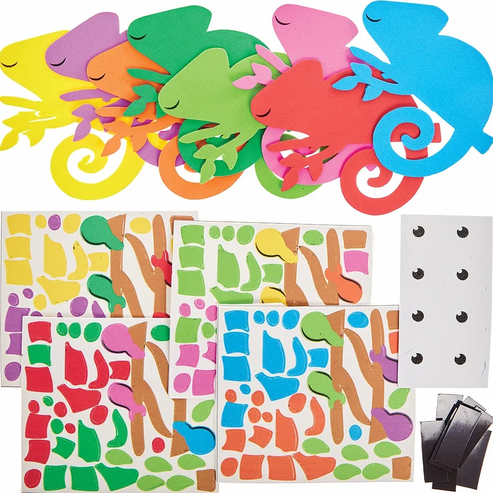 Baker Ross FX562 Magnesy mix&match kameleon - 8 szt., piankowe zwierzęta z dżungli, zestaw kreatywny dla dzieci