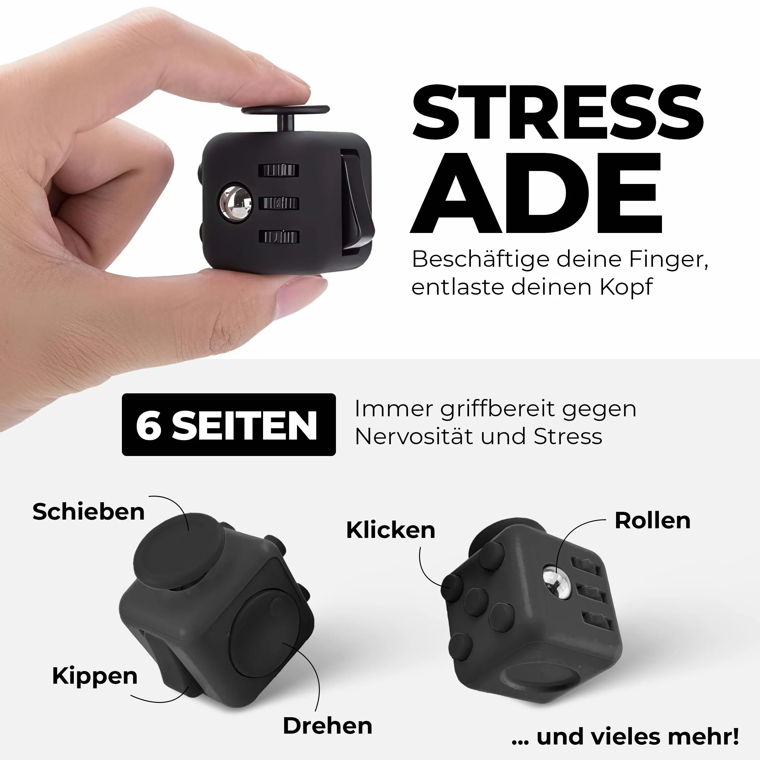 VAPIAO Fidget Cube kostka antystresowa "zabawka" do redukcji stresu w przypadku nerwów, dla wszystkich grup wiekowych, w kolorze czarnym