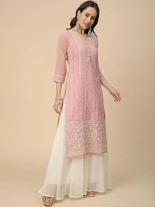 Damska Georgette Anarkali Lucknowi Chikankari Etniczna odzież Kurta Straight Kurti Kurta Tunika Sukienka