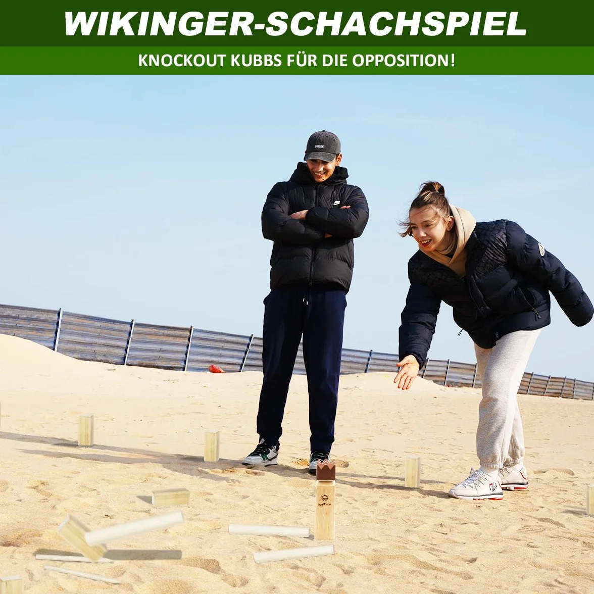 SunNordic Kubb Wikingów szwedzka szachowa z drewna gumowego zestaw z torbą i instrukcją