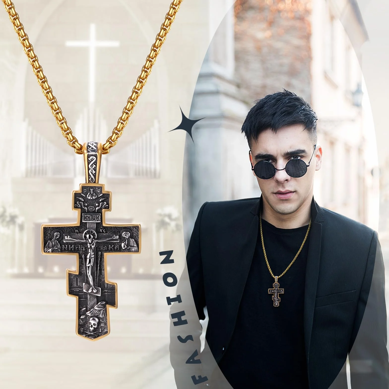 JewelryWe Biżuteria męska zawieszka łańcuszek ze stali nierdzewnej duży katolicki Jezus Chrystus INRI krucyfiks krzyż wisiorek z łańcuszkiem weneckim 55 cm srebrny/złoty