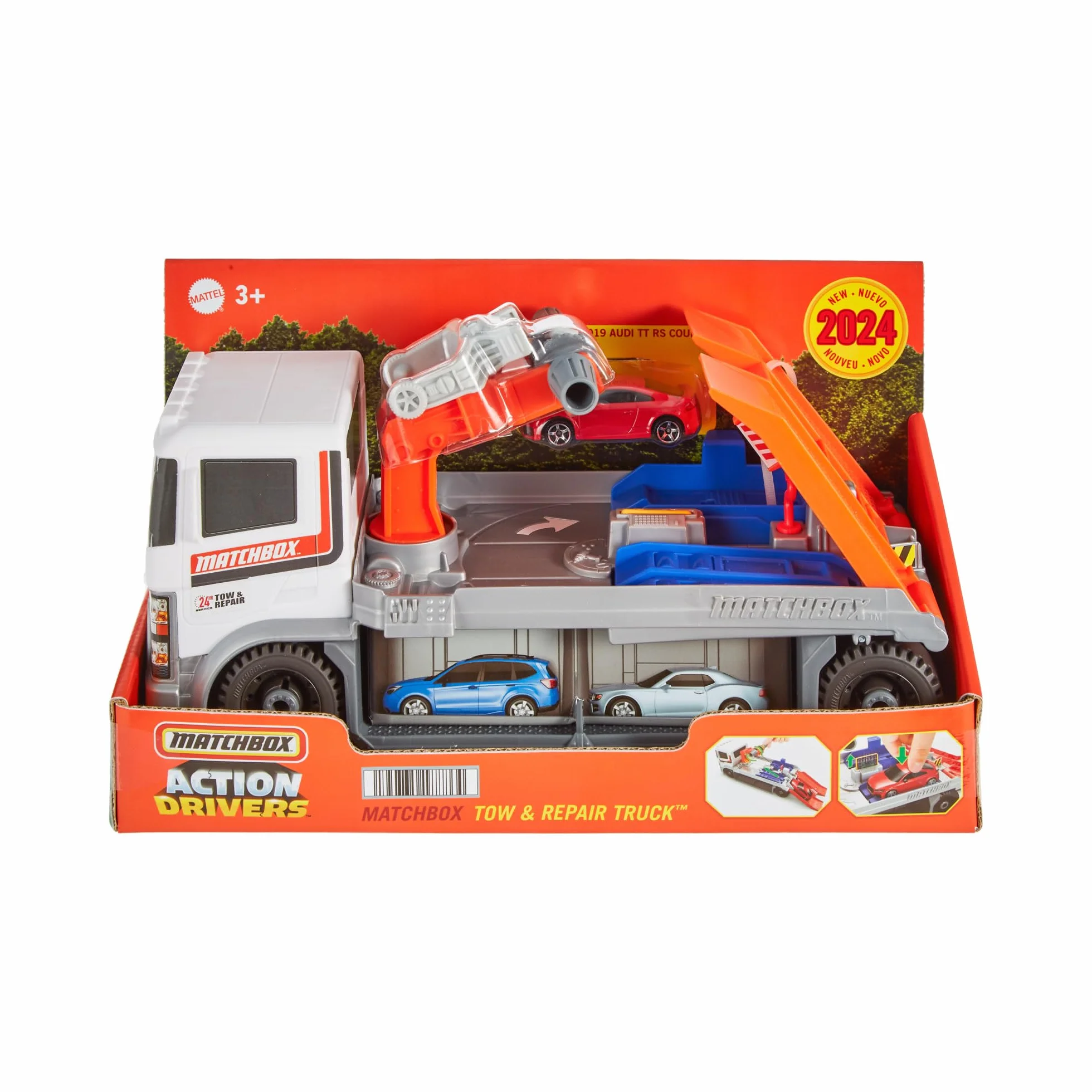 Matchbox Prawdziwe Przygody Laweta Pomoc drogowa Zestaw z ciężarówką z warsztatem oraz samochodzikiem Audi TT RS Coupe w skali 1:64, HRY43