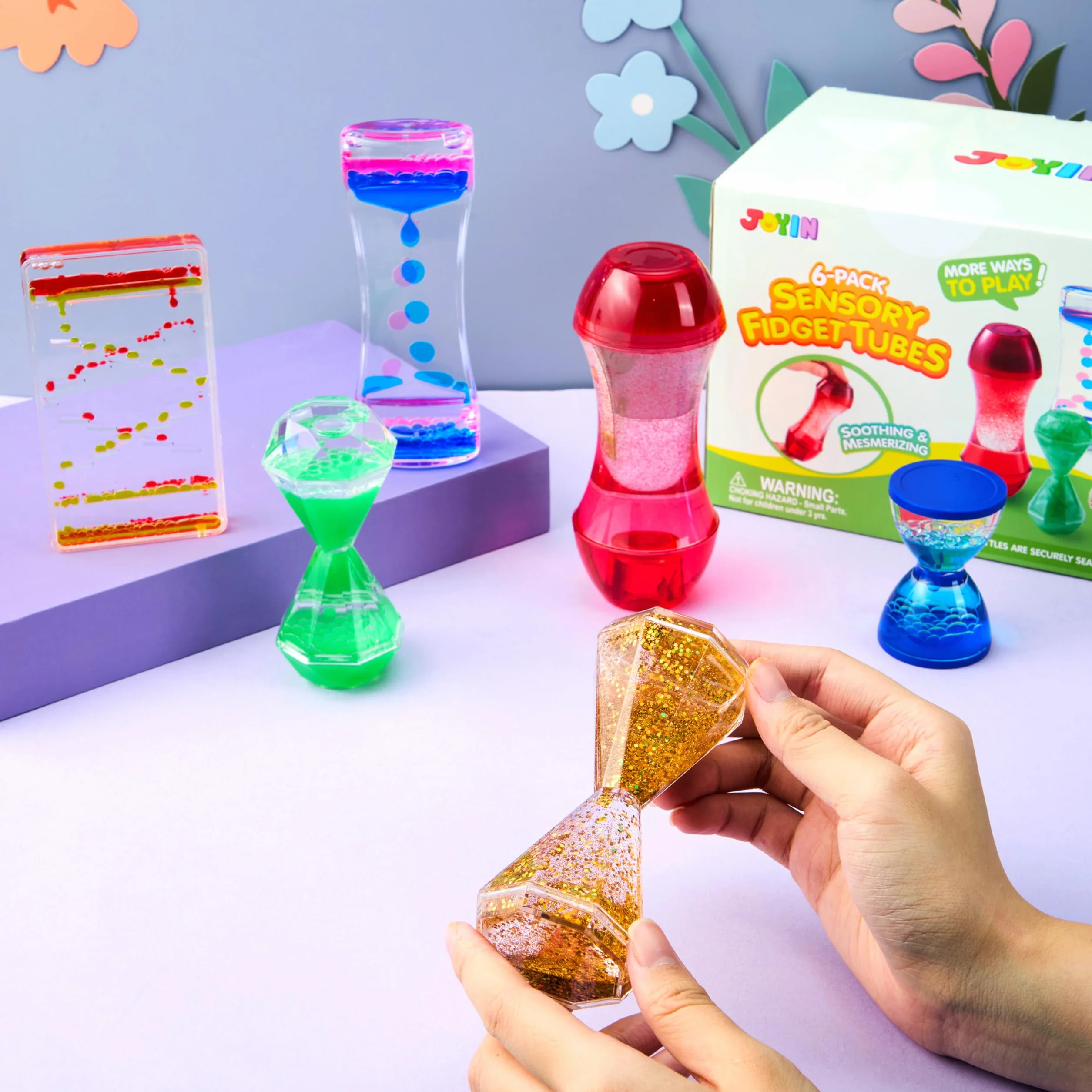 JOYIN 6 szt. sensoryczne zabawki Fidget Tubes dla dzieci z autyzmem, upominki na urodziny dzieci, kojące butelki sensoryczne z wodą przeciwko stresowi, cicha zabawka do klasycznego narożnika