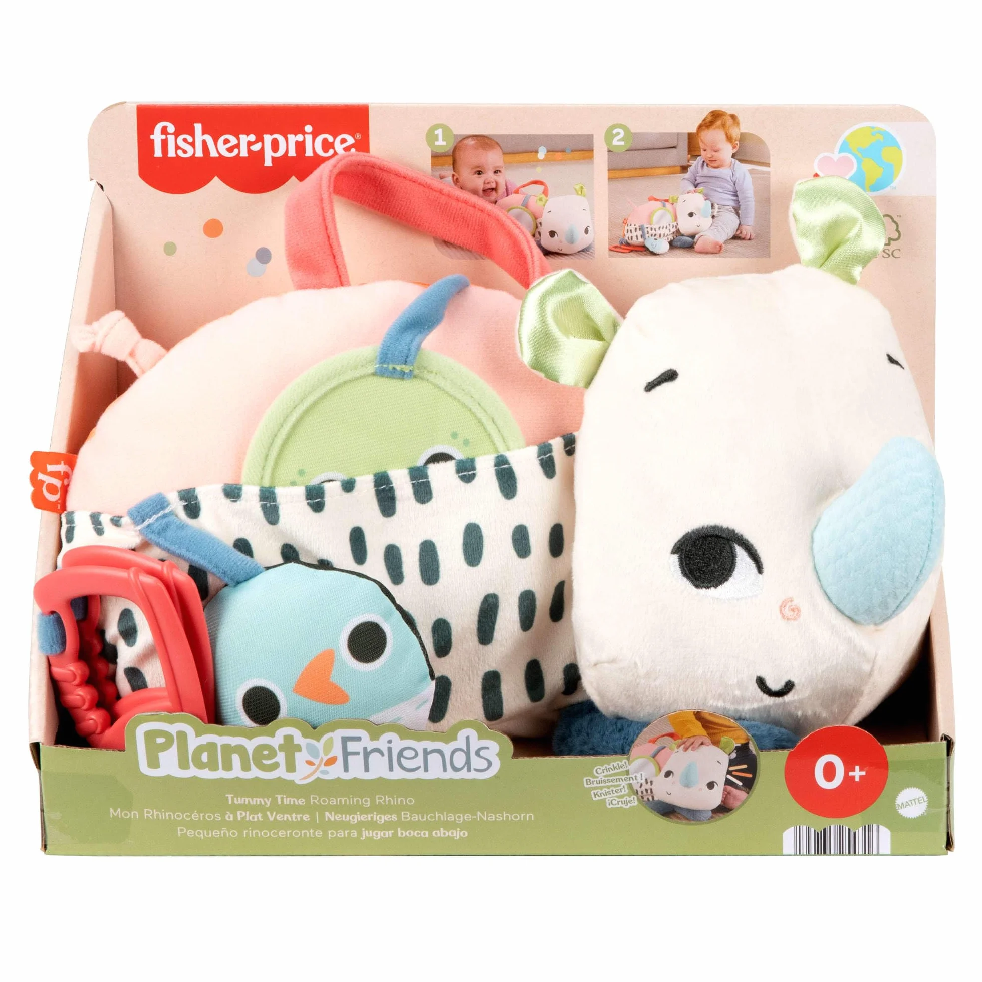 Fisher-Price Planet Friends Nosorożec aktywizujący Miękka zabawka sensoryczna do zabawy na brzuszku dla dzieci od narodzin, HYR55