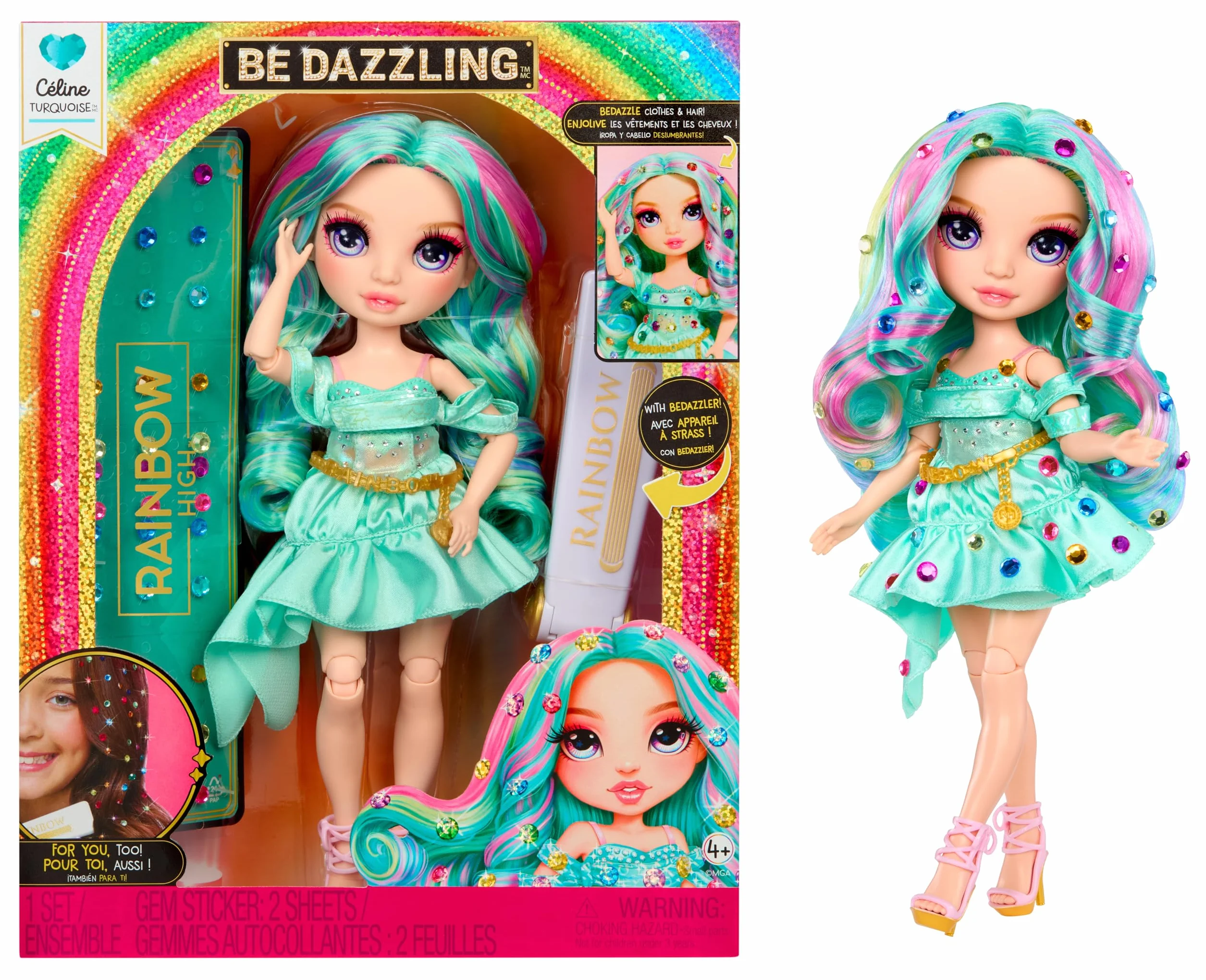 Rainbow High Be Dazzling - Celine Turquoise - 28 cm Turkusowa Modna Lalka z Narzędziem do Ozdabiania, Błyszczącymi Kryształkami i Akcesoriami do Stylizacji