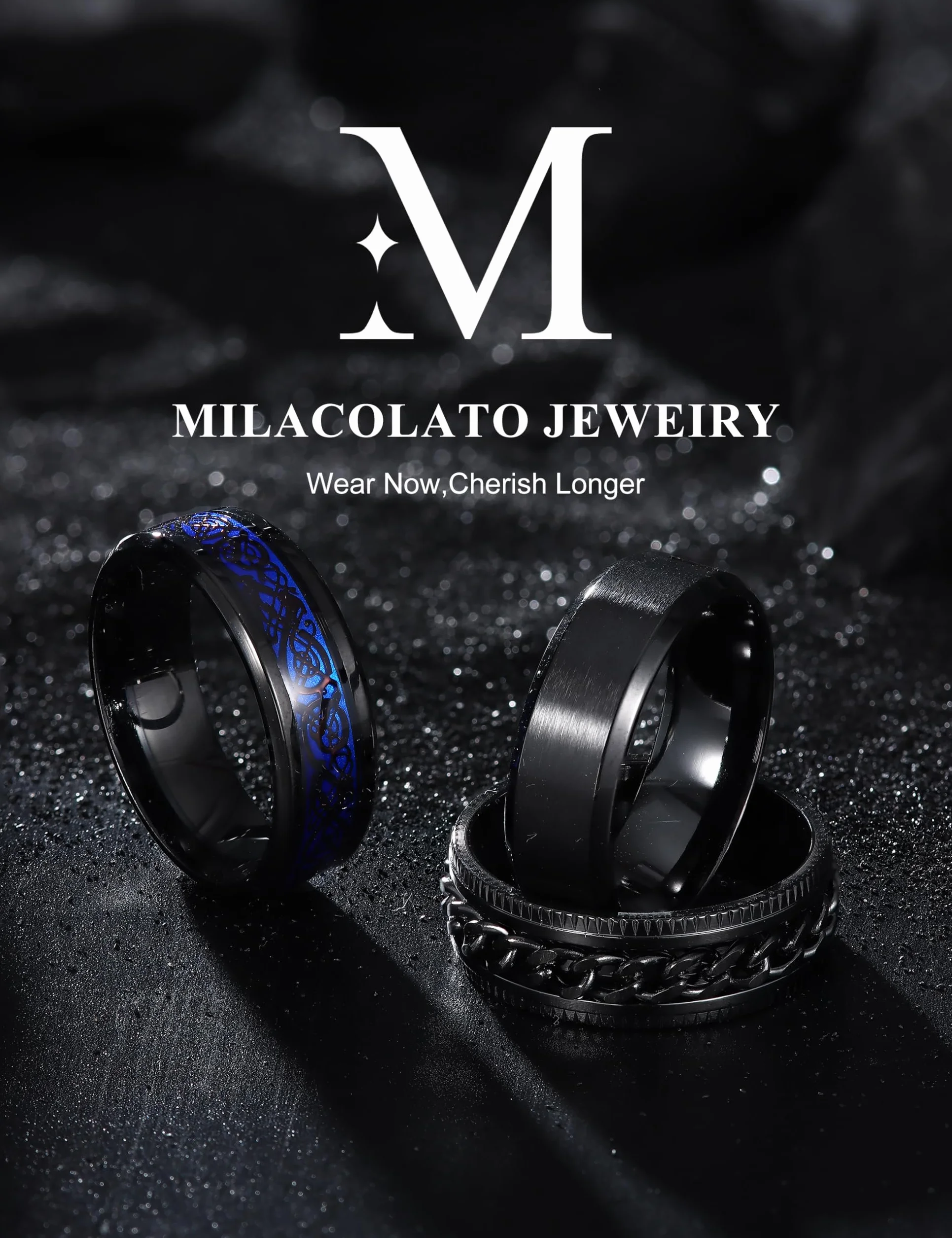 MILACOLATO 3 pierścienie Fidget dla mężczyzn ze stali nierdzewnej, obrotowy, czarny, skręcony łańcuszek, celtycki, smok, pierścień, otwieracz do butelek, pierścienie, szeroki pierścień, 8 mm