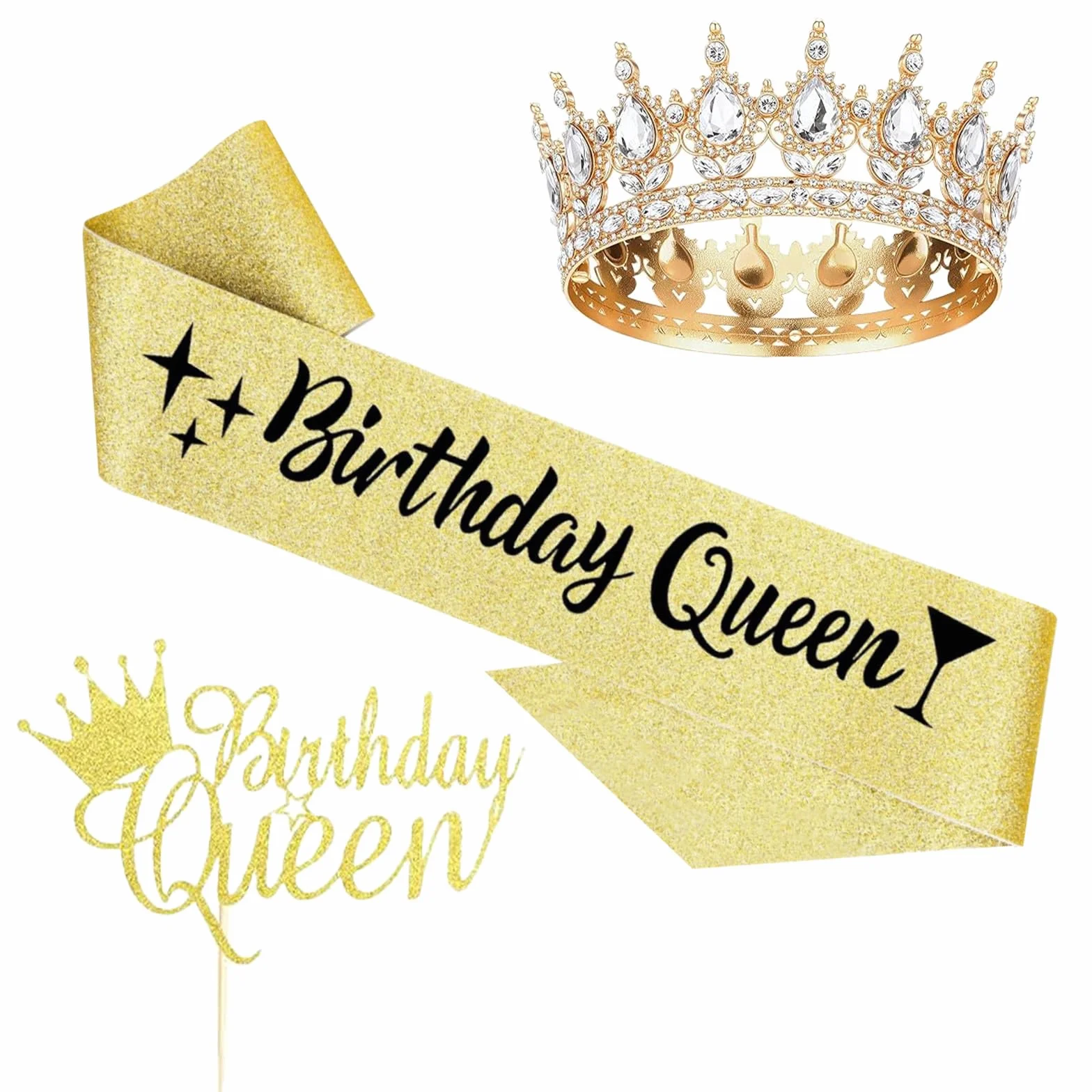 Złota korona urodzinowa dla dorosłych, zestaw z szarfą urodzinową Queen i topperem na tort, diadem, złota korona królowa, na 30 urodziny, dla kobiet, na imprezę i wesele