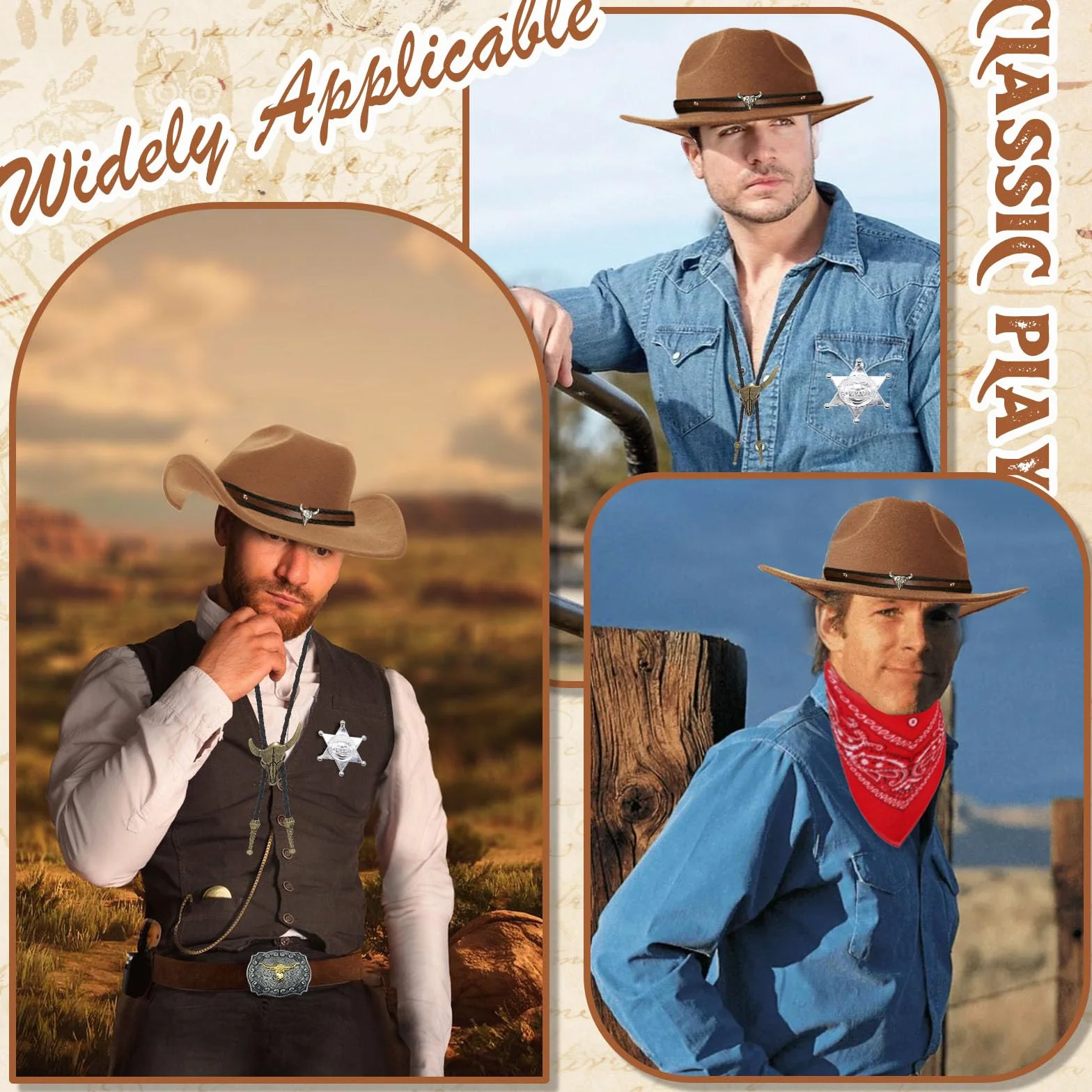 8-częściowy zestaw akcesoriów do kostiumu kowbojskiego, luksusowy zestaw do strojów western z brązowym kapeluszem, paisley bandana, pokrowcem na pistolet, paskiem, sprzączką do bolo