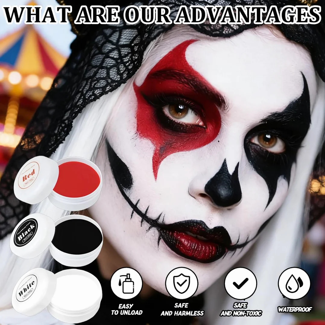 Halloweenowa czarna biała czerwona farba do twarzy, 150 g biały czarny czerwony makijaż na Halloween, malowanie ciała wodoodporny na randkę, karnawał imprezy cosplay klaun efekty specjalne imprezy