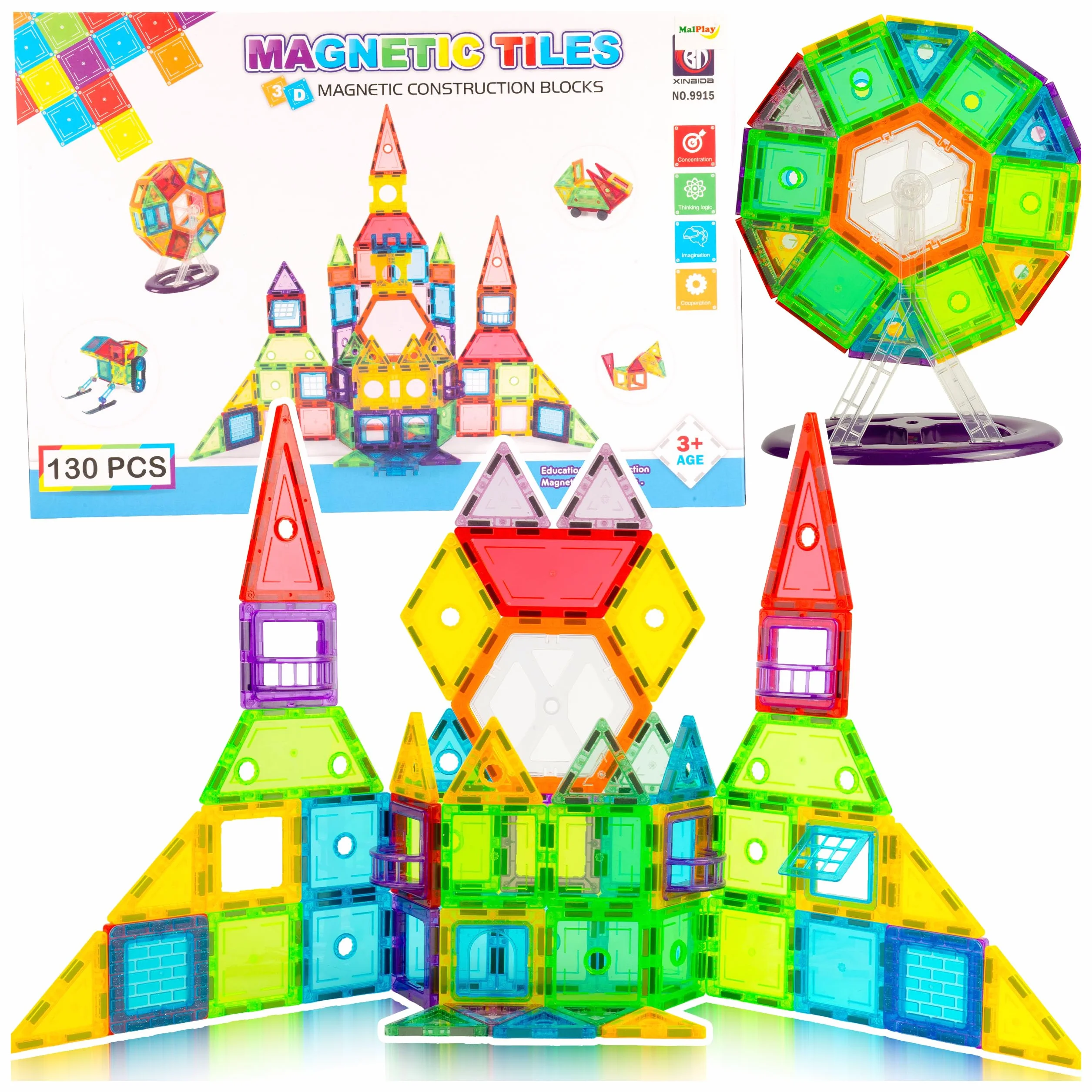 MalPlay Magnetyczne klocki, puzzle, zabawki konstrukcyjne dla dzieci, 130 sztuk, prezent od 3 lat