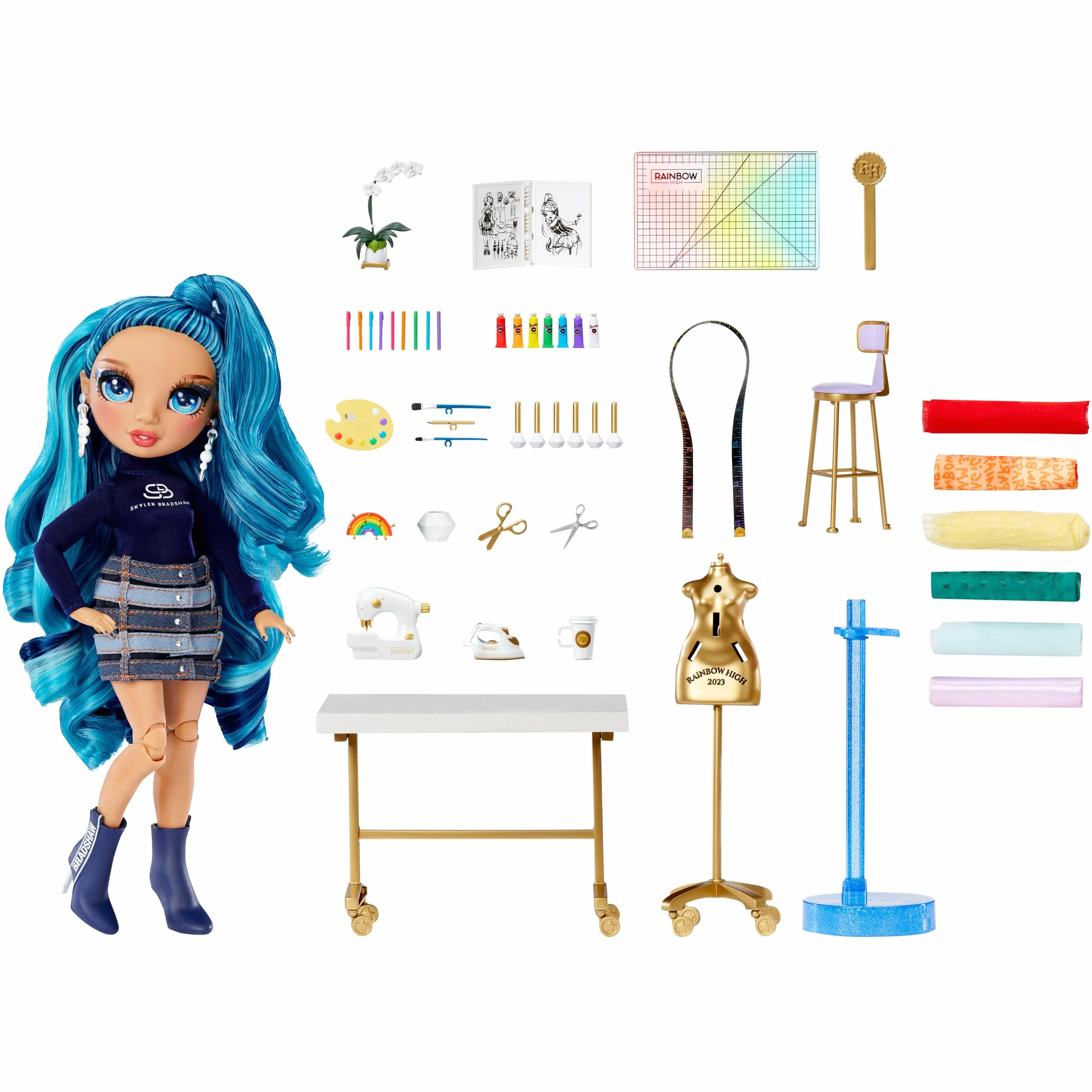 Rainbow High Dream & Design Fashion Studio Playset - Zestaw do Zabawy w Projektanta Mody z Lalką Skyler Bradshaw i Zestawem do Projektowania bez Szycia - Dla Dzieci w Wieku 4-12 Lat i Kolekcjonerów
