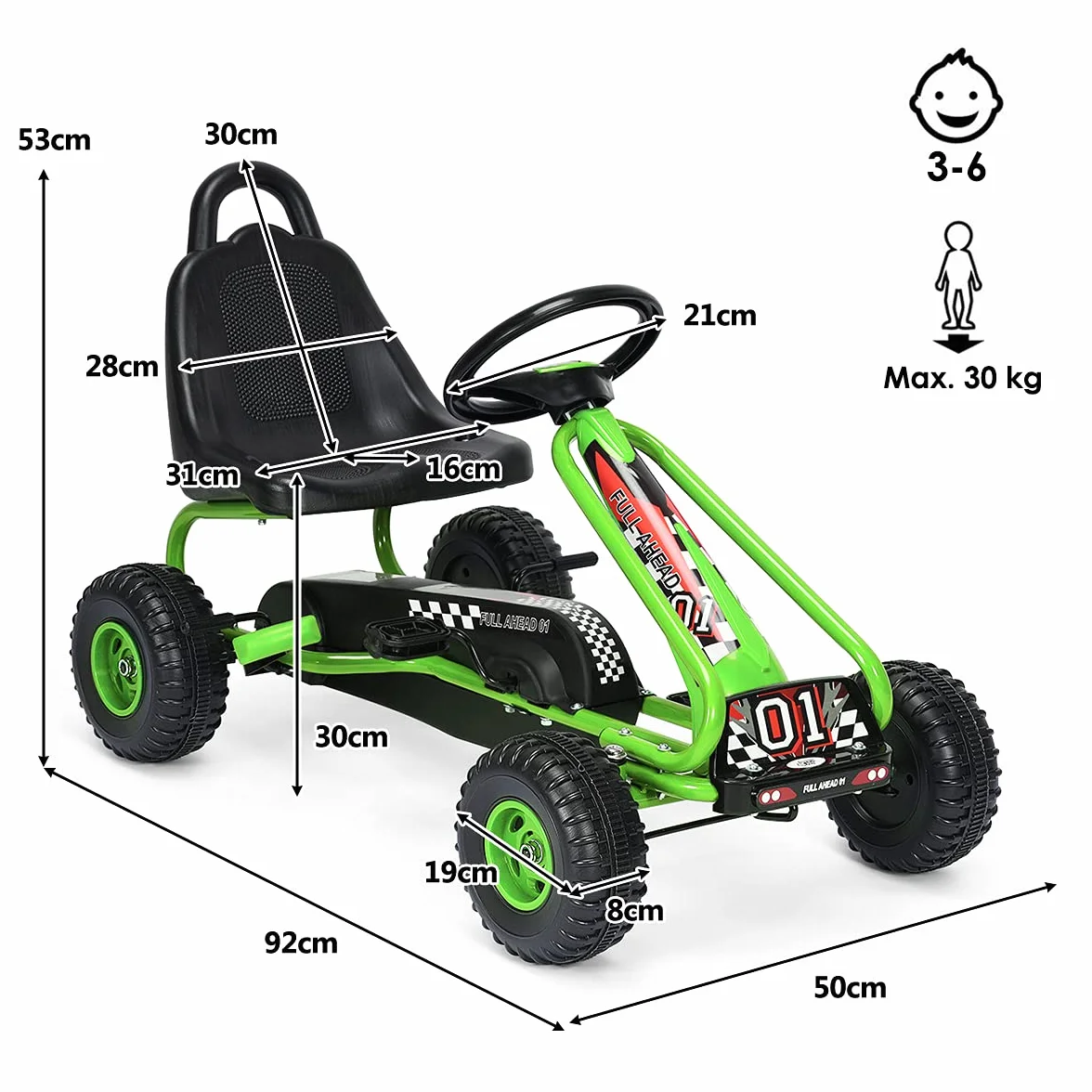 COSTWAY Gokart z regulowanym siedziskiem, gokart z hamulcem ręcznym, obciążenie do 30 kg, pedały Go Cart, pojazd pedałowy, pojazd dla dzieci od 3 lat (zielony)