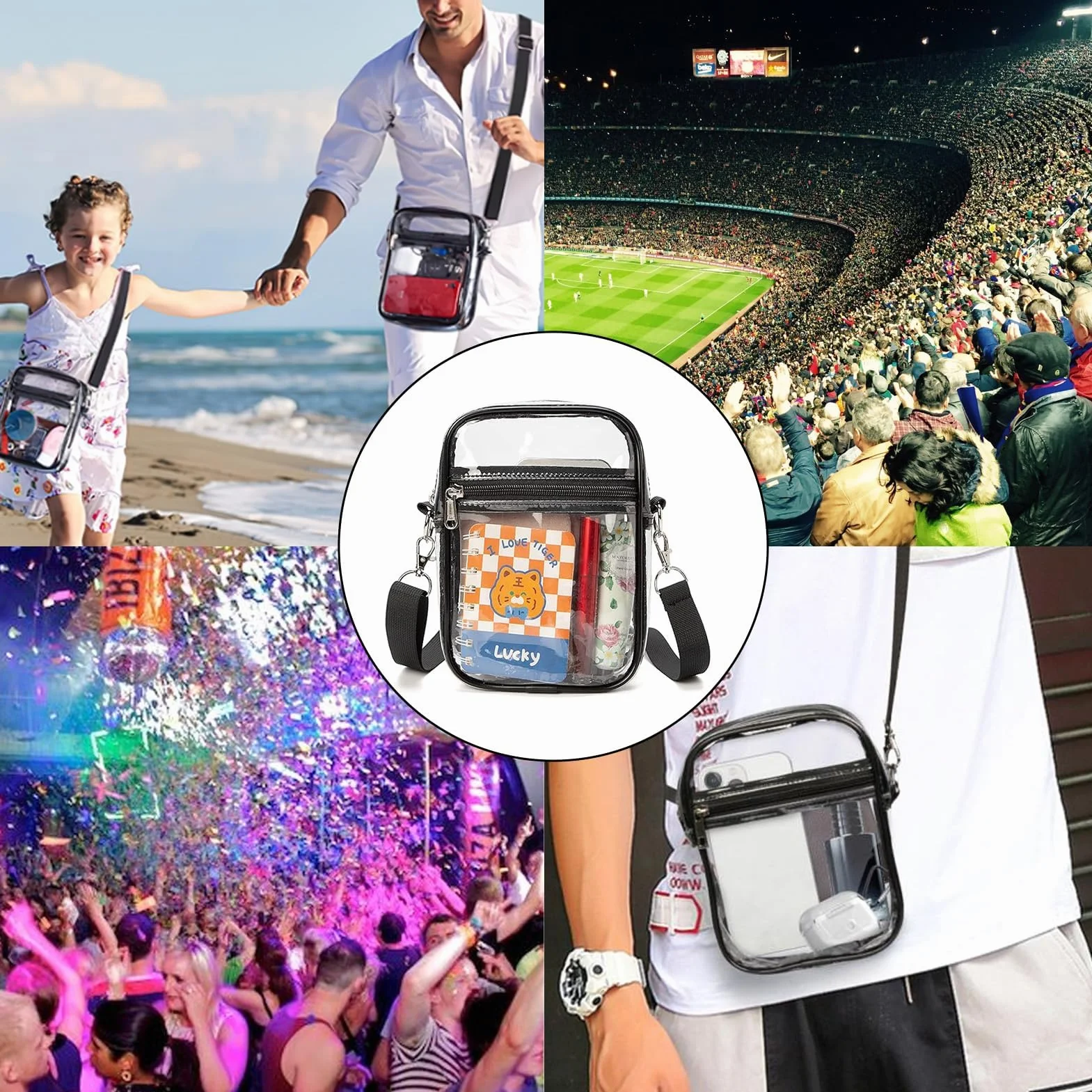 Przezroczysta torba crossbody, przezroczysta torba na ramię z PCW z regulowanym paskiem, zatwierdzona przez stadion, przezroczysta torebka na koncert, stadion, podróż, festiwal, imprezy