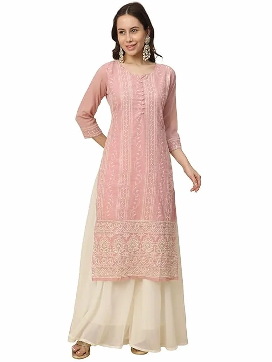 Damska Georgette Anarkali Lucknowi Chikankari Etniczna odzież Kurta Straight Kurti Kurta Tunika Sukienka