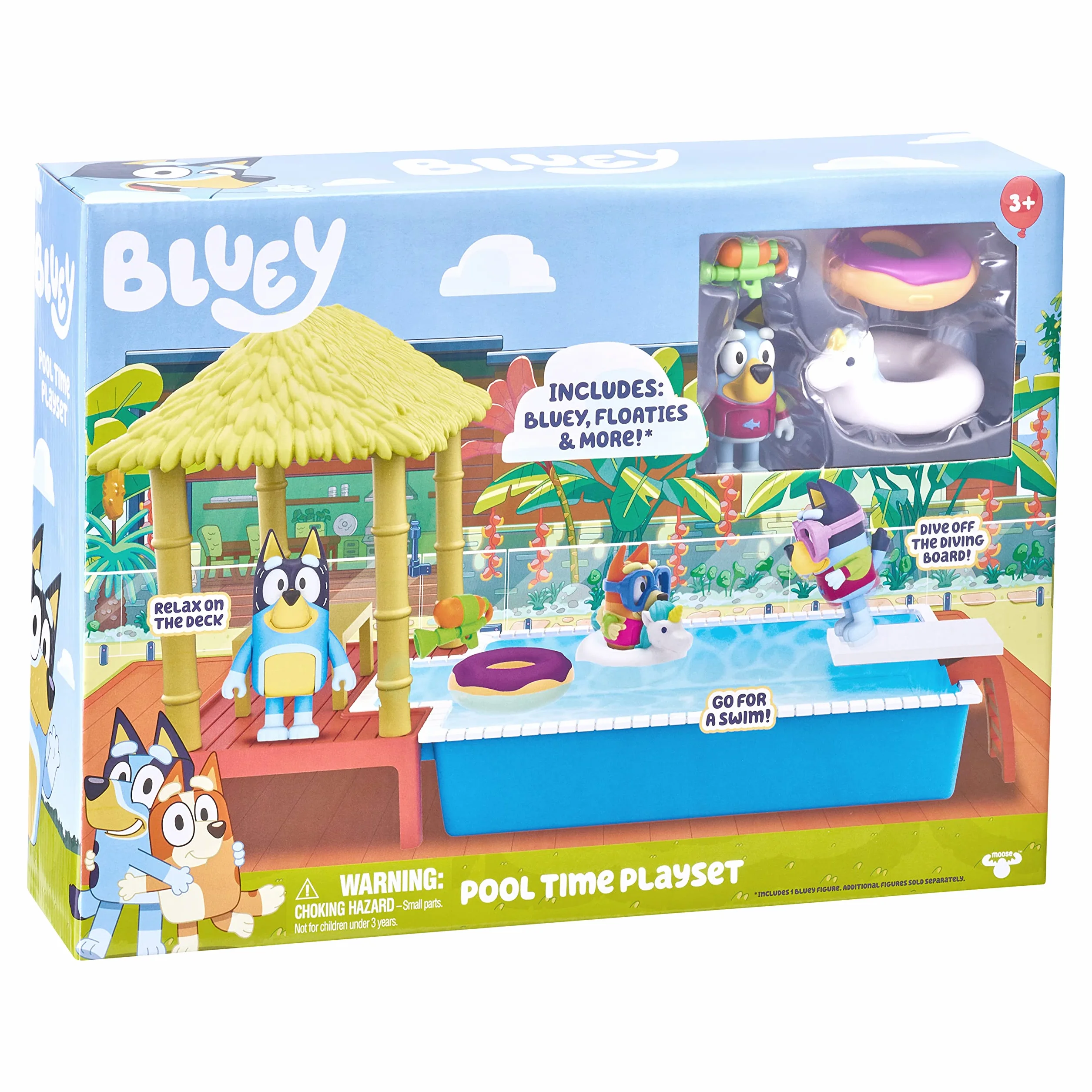 Bluey Pool Time Fun Playset: Bluey figure in Swim Suit, Pool with Diving Board and Deck and 4 Pool Accessories