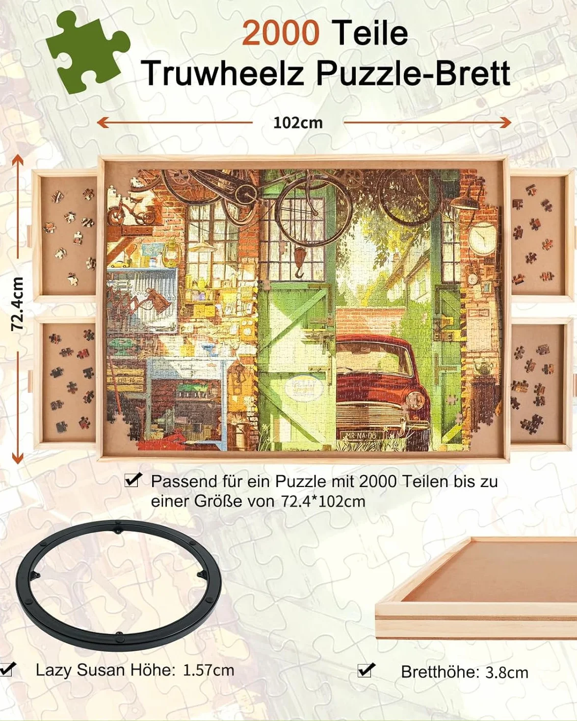 2000-elementowa obrotowa tablica z szufladą i pokrywą, 102 x 72,4 cm, przenośny drewniany stół logiczny dla dorosłych, obrotowy stół logiczny Lazy Susan, prezent świąteczny dla mamy