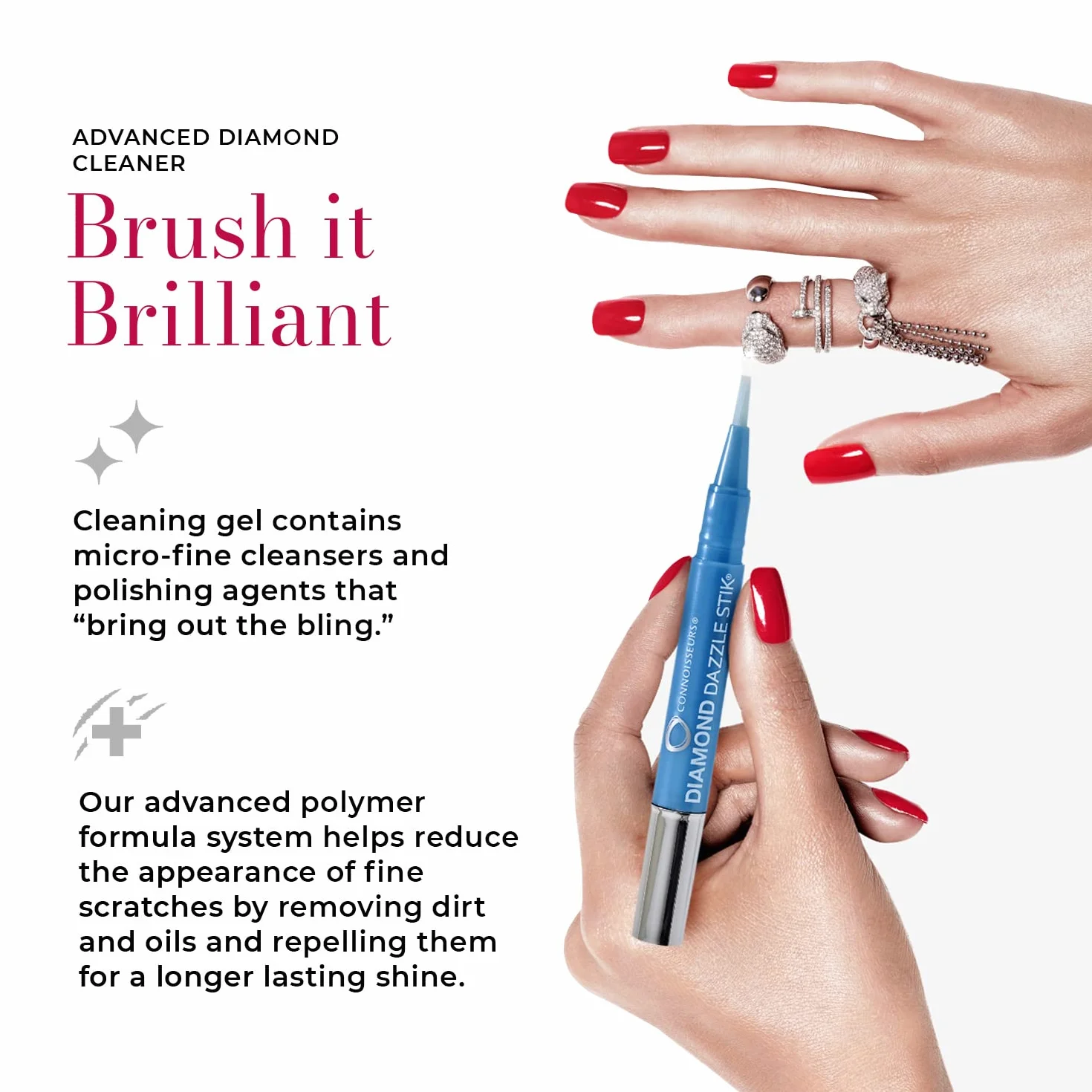 Connoisseurs Środek do czyszczenia biżuterii Diamond Dazzle Stik, środek czyszczący do biżuterii Sparkle & Shine, końcówka pędzla i kompaktowy do diamentów i kamieni szlachetnych (diamentowy sztyft