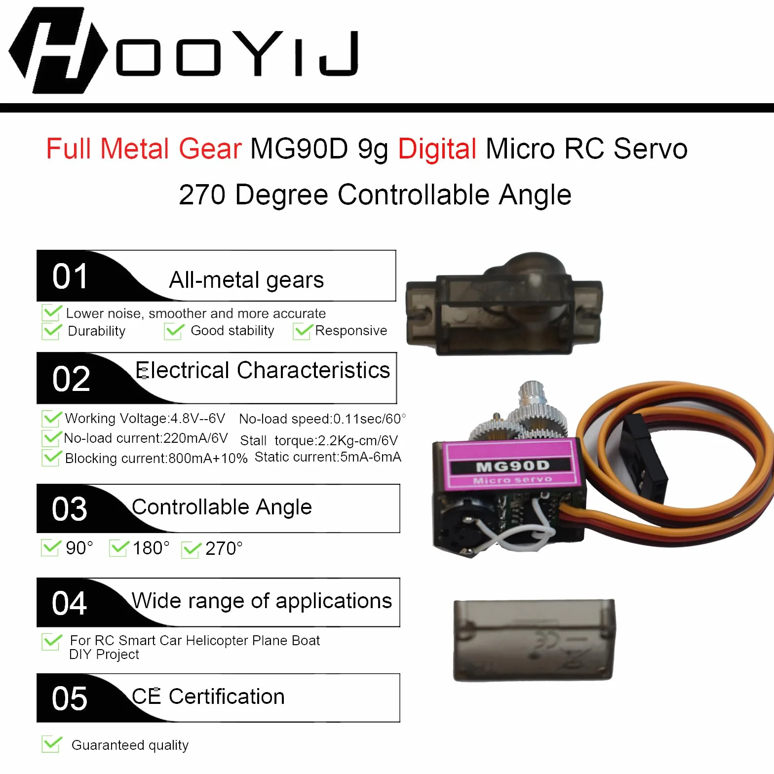4-pak MG90D mini serwo 9g cyfrowy mikro RC Full Metal Gear 270 stopni SG90 Mini Servo Motor Ulepszony dla Arduino RC Smart Car Robot Arm 450 Samolot Łódź DIY PWM500-2500 (kąt