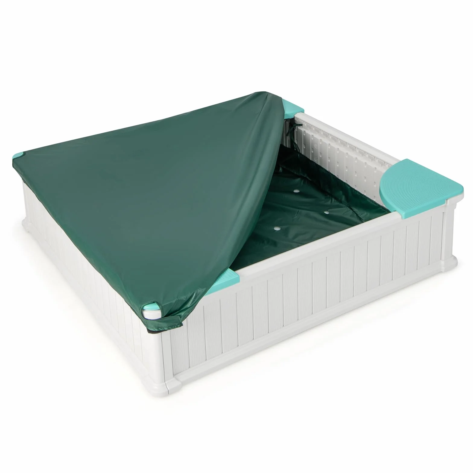 COSTWAY Piaskownica dziecięca z drewna, piaskownica 123,5 x 123,5 x 31,5 cm z 4 wbudowanymi siedzeniami, kwadratowa piaskownica HDPE do ogrodu, na trawnik (biała)