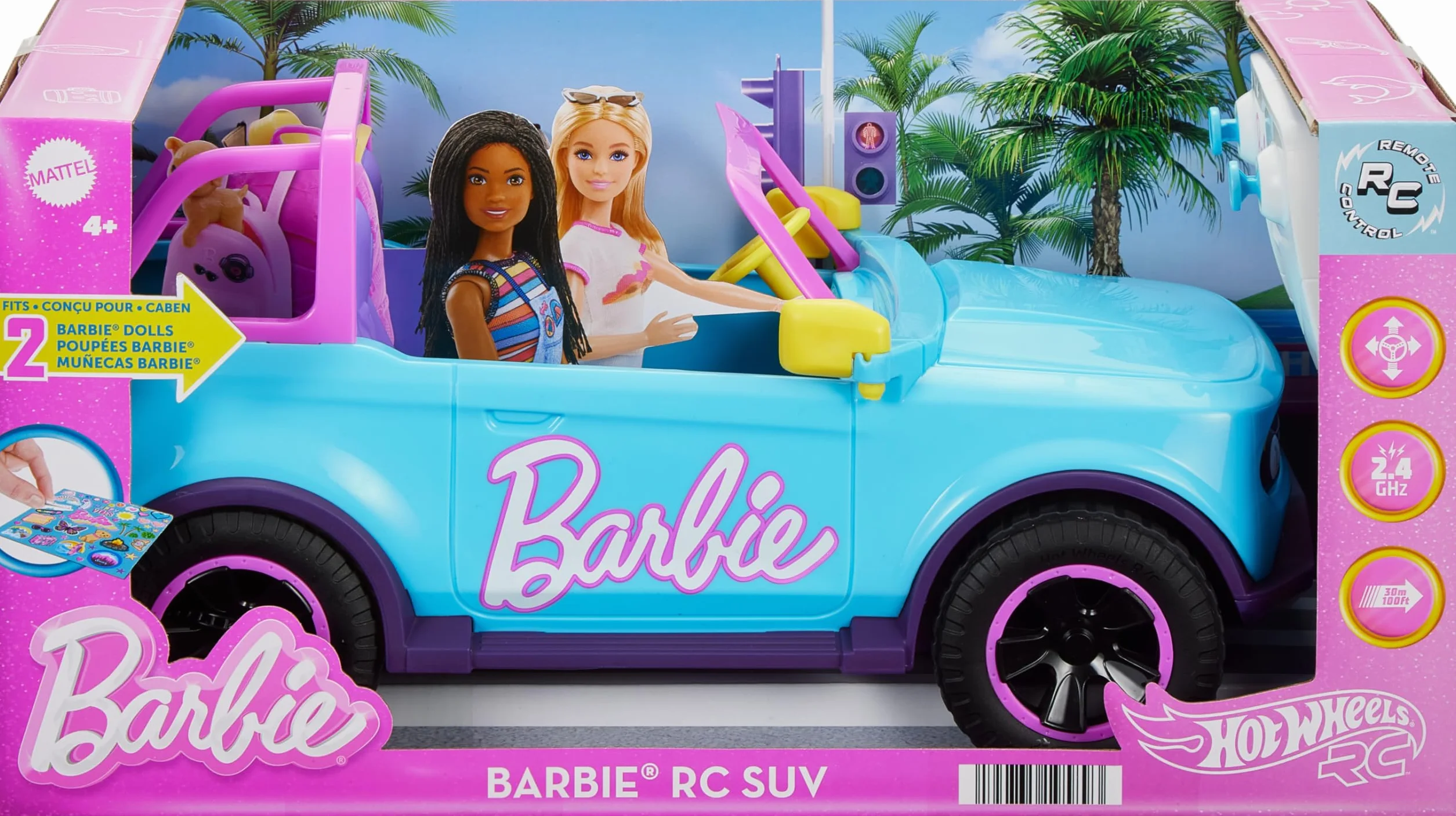 Hot Wheels RC Barbie SUV Pojazd zdalnie sterowany w skali 1:12 z miejscem na 2 lalki Barbie i naklejkami do personalizacji, HTP53