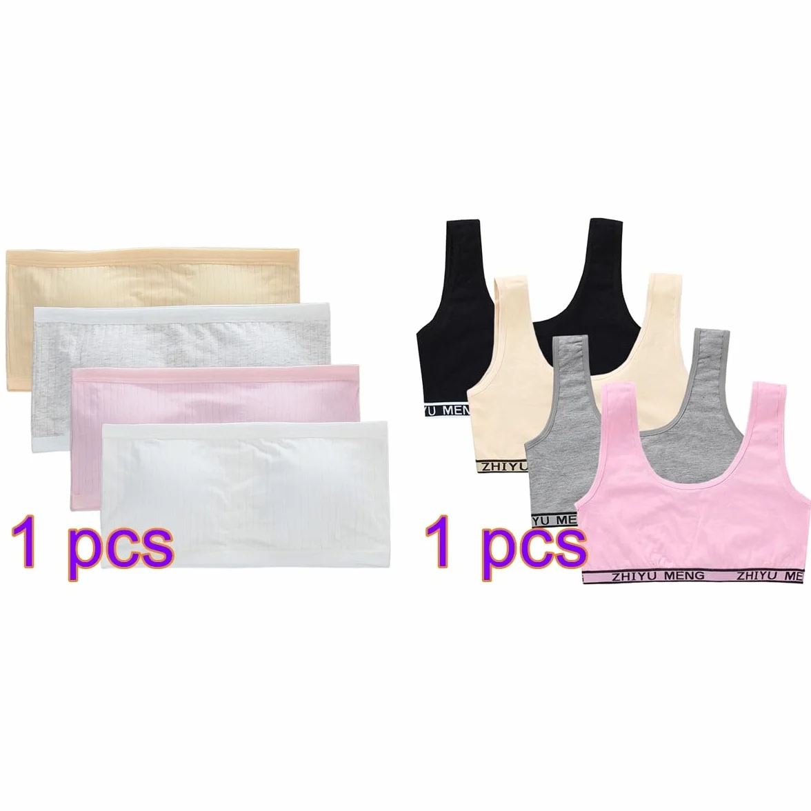 8 sztuk biustonoszy bez ramiączek dla dziewczynek, biustonosz typu bandeau, dla dziewcząt, oddychająca bielizna bawełniana, sportowy bandeau z wyjmowanymi wkładkami, wyściełany biustonosz typu bandeau
