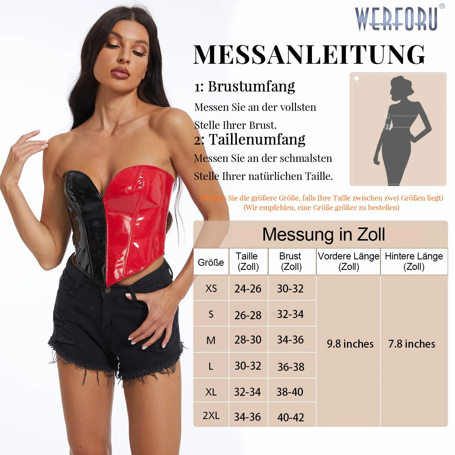 WERFORU Skórzany gorset dla kobiet, sztuczna skóra, gorset bez ramiączek, top z zamkiem błyskawicznym, gorset