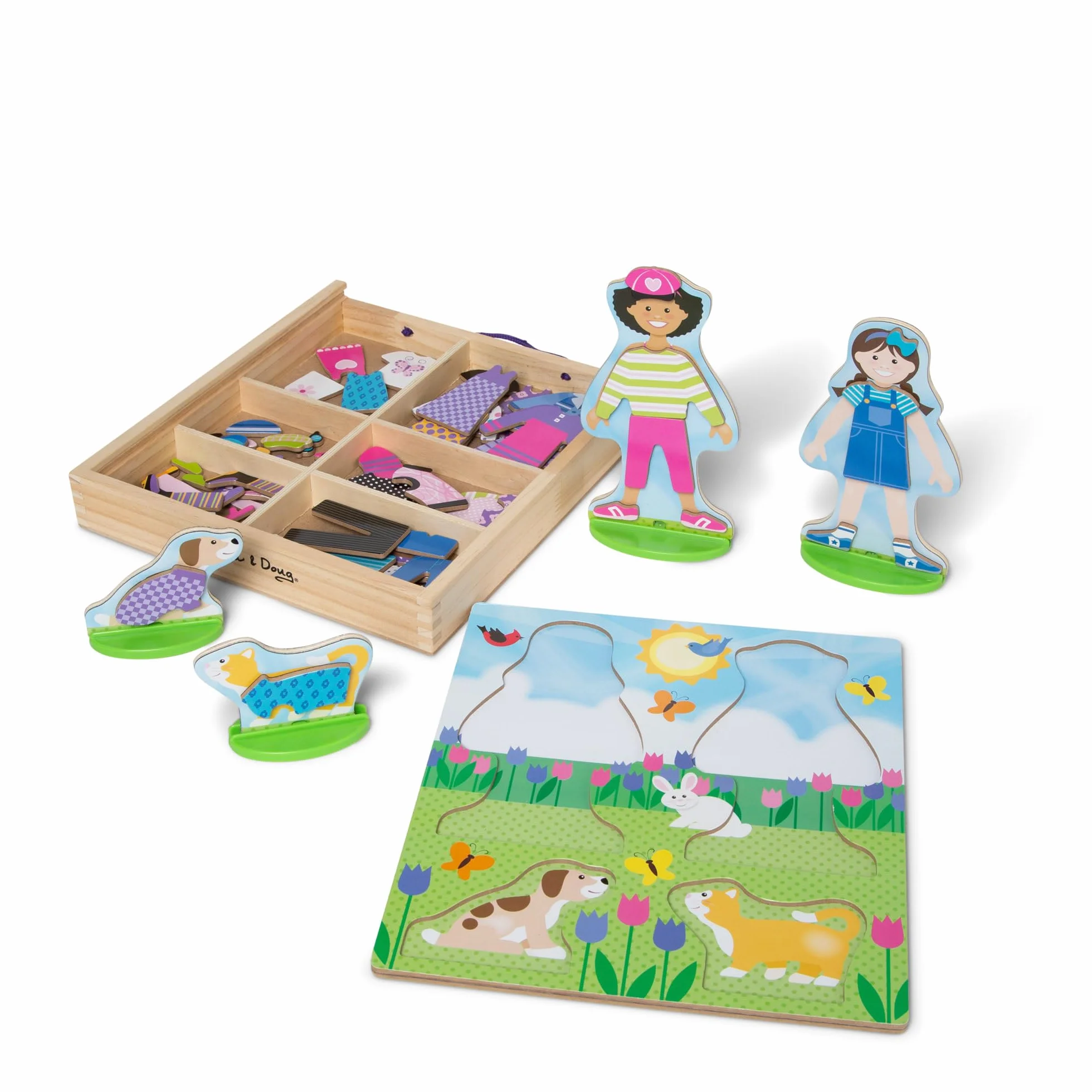 Melissa & Doug – zabawkowy zestaw do zabawy z odgrywaniem ról: magnetyczne przebieranki, drewniane laleczki, najlepsze przyjaciółki (78 elementów)