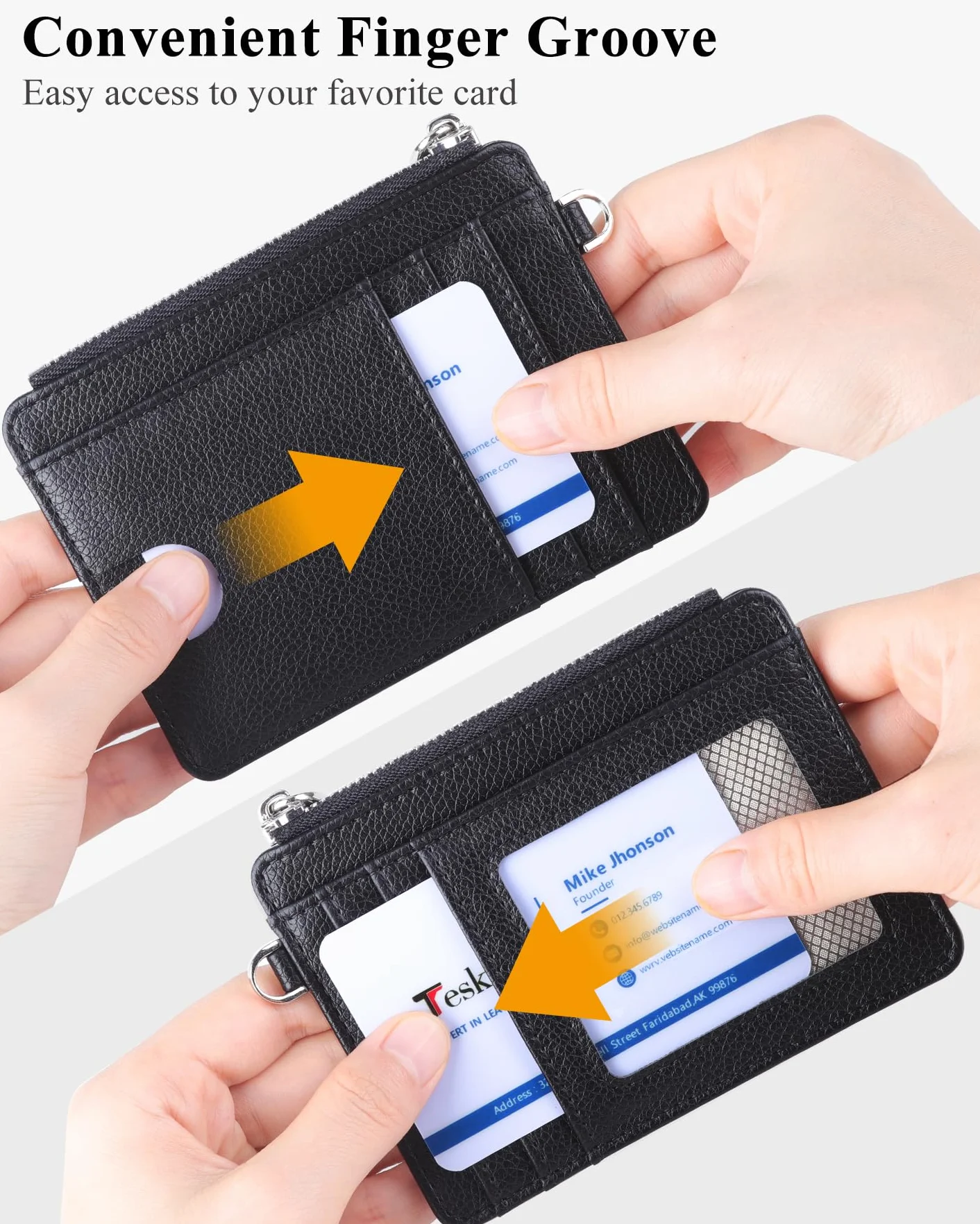 Teskyer Etui na karty, smukłe portfele na karty kredytowe, minimalistyczny, blokada RFID, 1 okienko na dowód osobisty, z zamkiem błyskawicznym, smycz, pomieści do 8 kart, Czarny, Slim (11.7 x 8.1 x 1