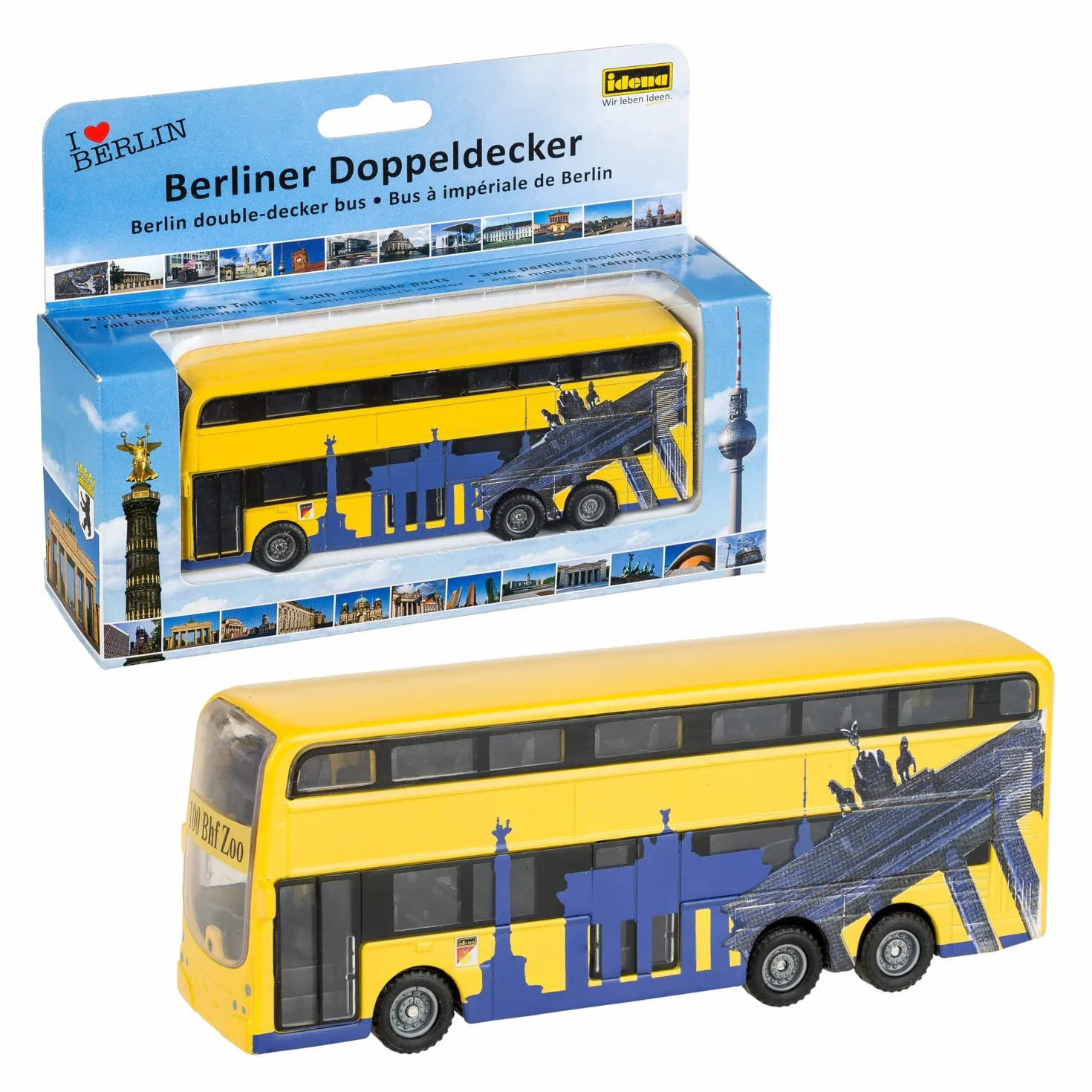 Idena 40107 - model autobusu berlińskiego dwupokładowego, z silnikiem cofania, ok. 18,5 x 13,5 x 4,5 cm, żółty, jako zabawka, typowy pamiątka lub popularny przedmiot kolekcjonerski