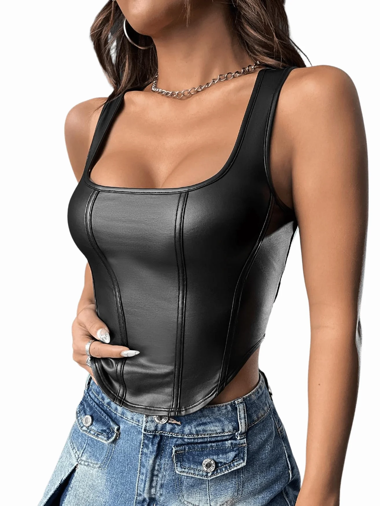 GORGLITTER Skórzany tank top damski Y2k Crop Top z prostokątnym wycięciem skóra PU top z odkrytym brzuchem seksowna skórzana odzież klubowa
